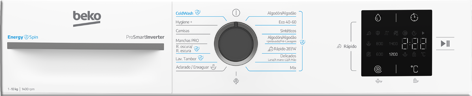 Panel de control de lavadora Beko con mando giratorio y pantalla digital.
