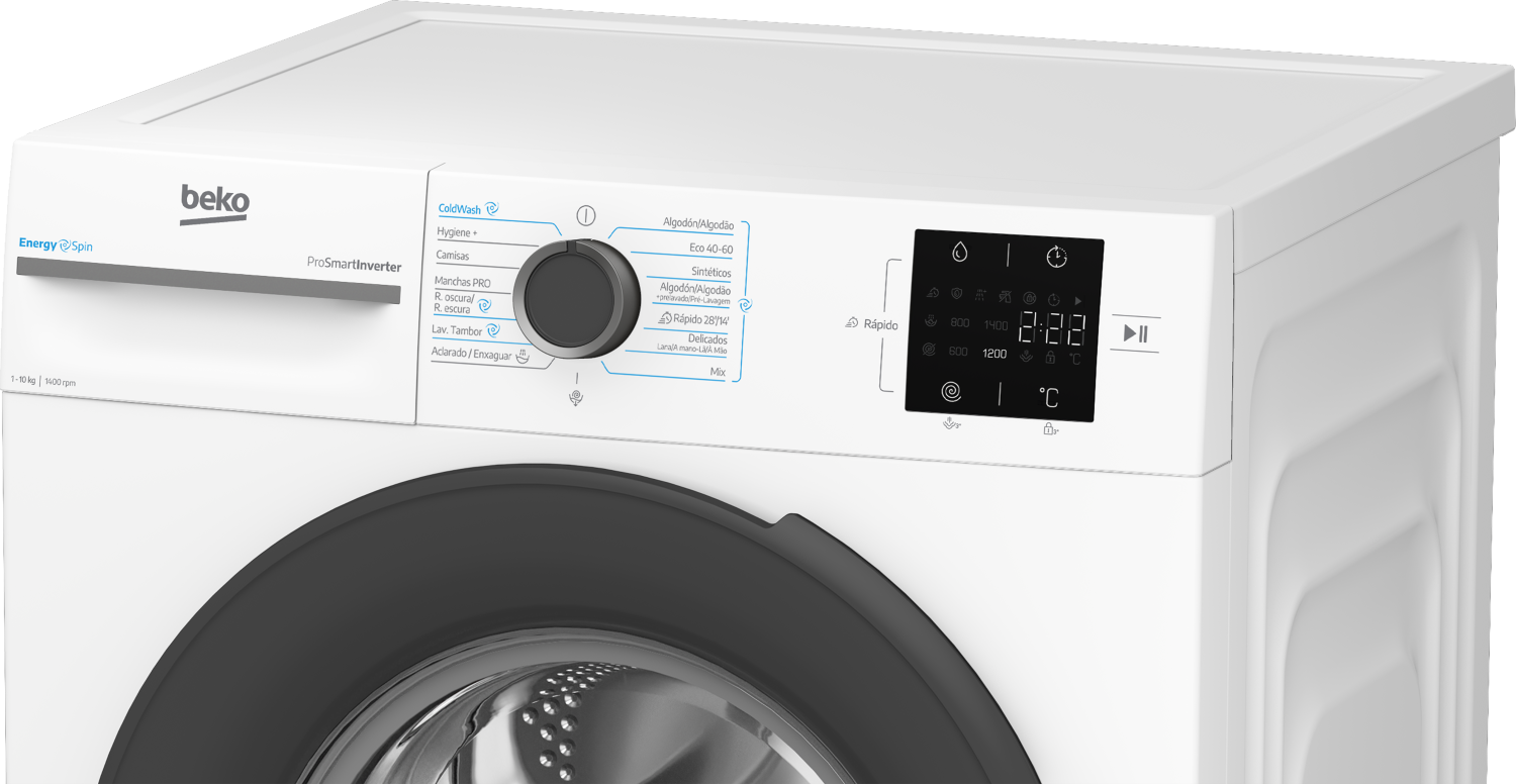 Una lavadora Beko blanca con un mando giratorio y pantalla digital en el panel.