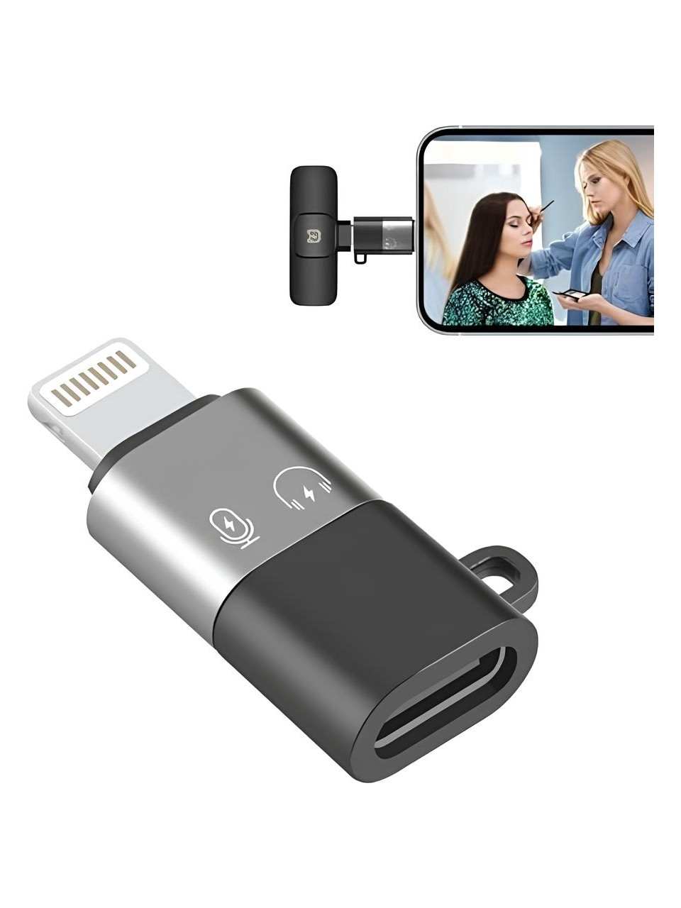 Şarj portlu gri ve siyah iPhone ses adaptörü, yakın çekim.