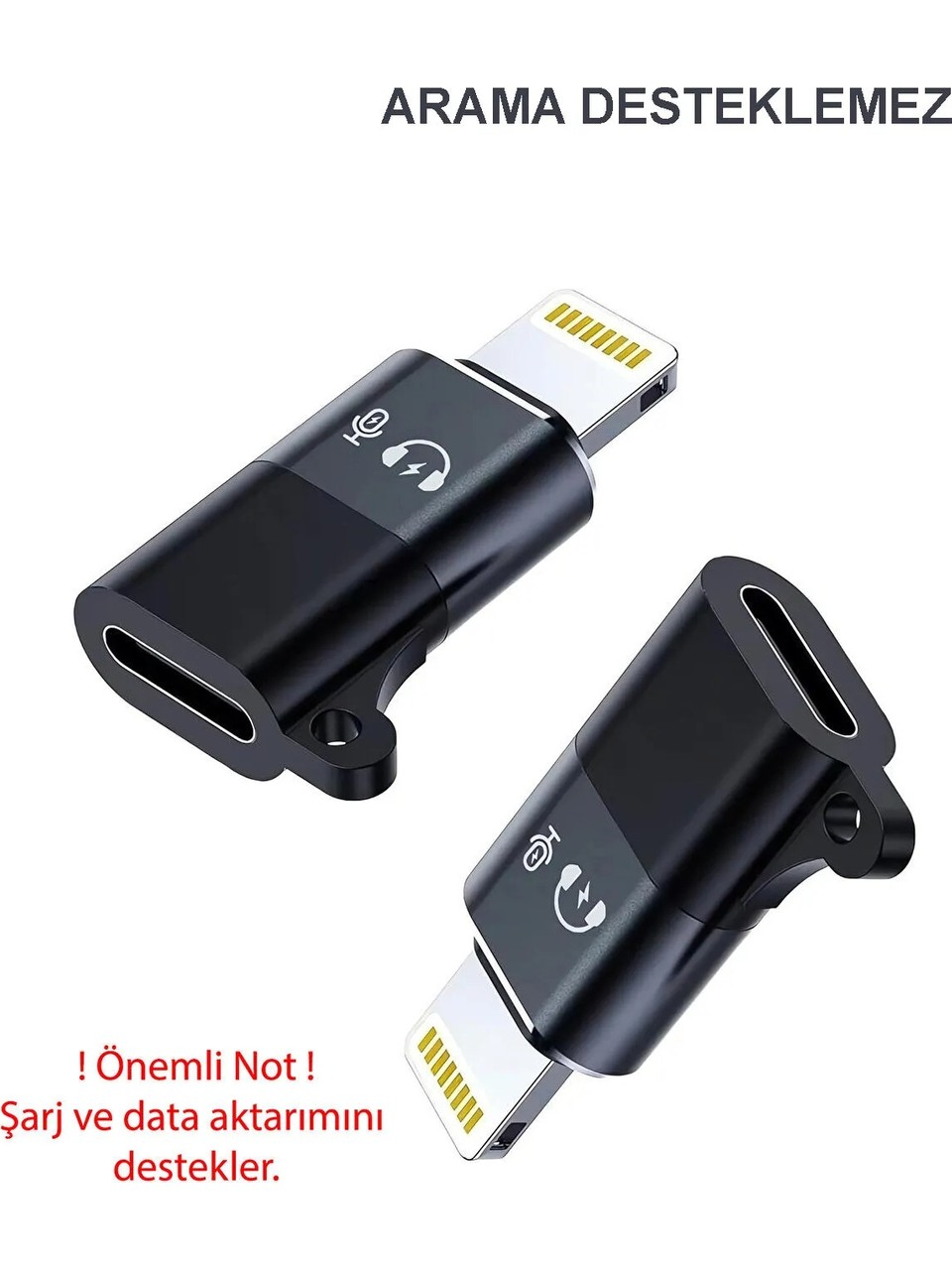 Beyaz arka planda mikrofon ve kulaklık simgeli iki siyah Lightning - Type-C adaptörü.