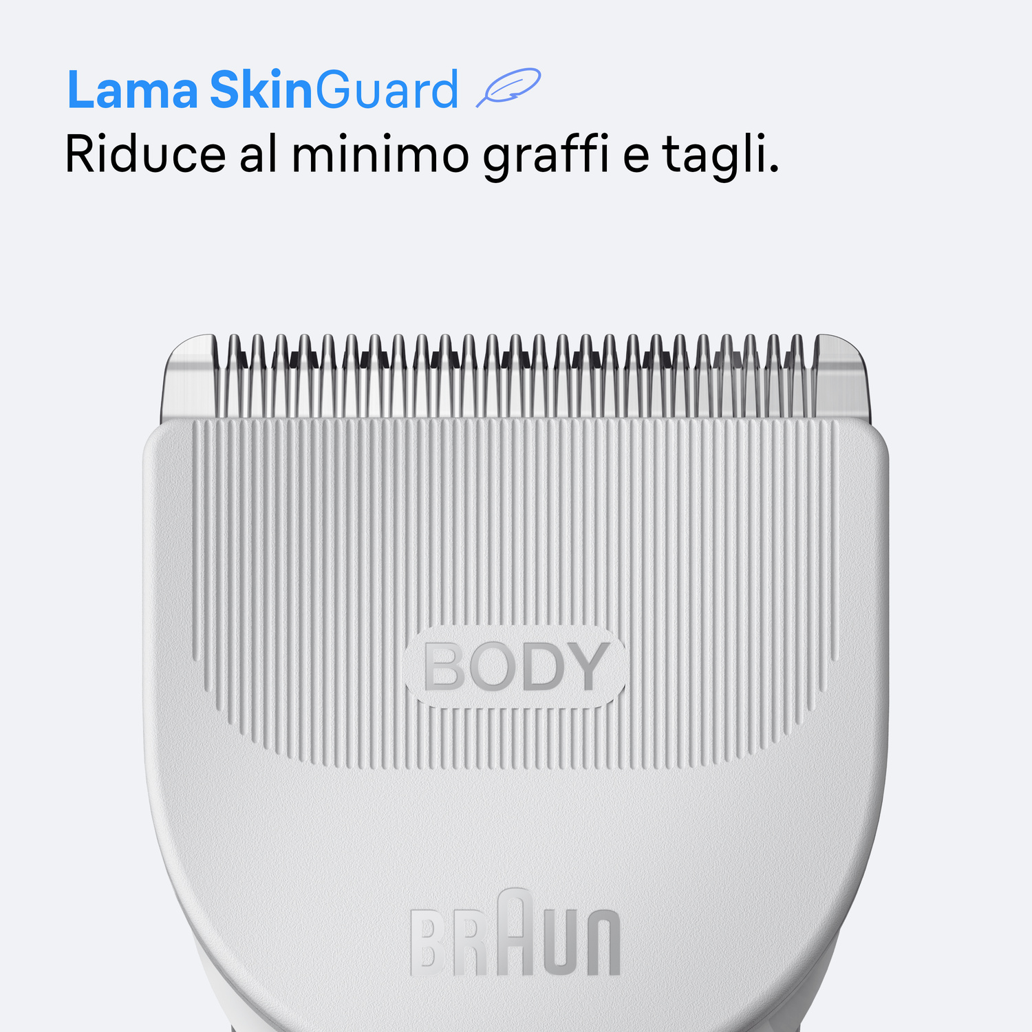 Primo piano di una testina di rasatura per il corpo Braun bianca con lame metalliche sottili.