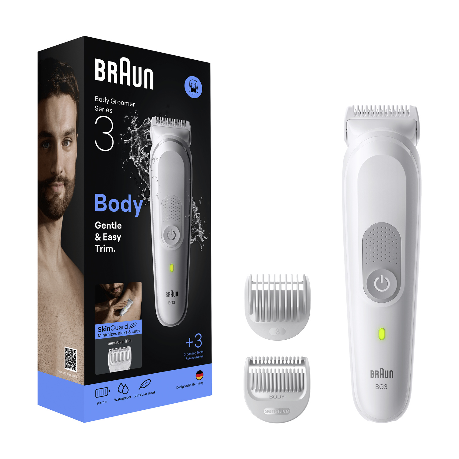 Braun Body Groomer Series 3, rifinitore per il corpo bianco con accessori e scatola.