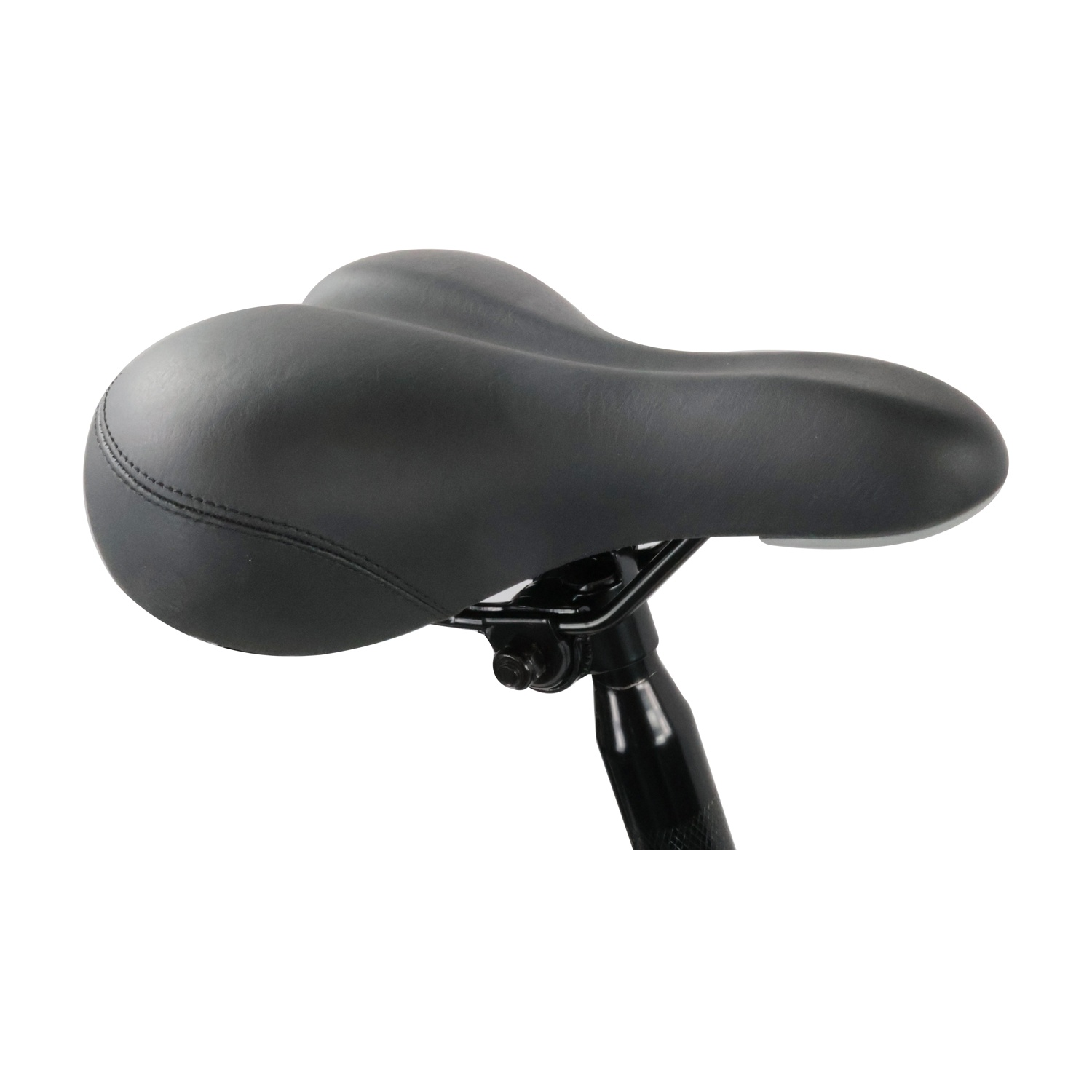 Una sella da bicicletta nera con un sedile largo e imbottito montato su un reggisella in metallo.