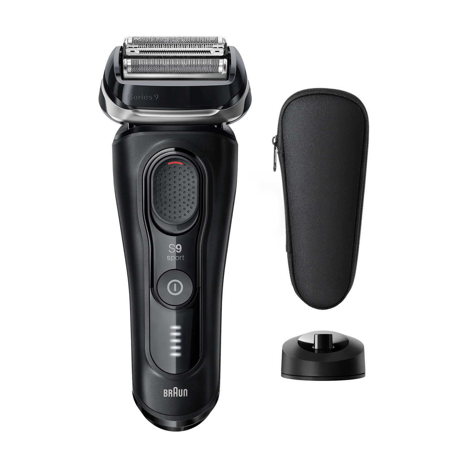 Rasoio nero Braun Series 9 con custodia e base di ricarica su sfondo bianco.