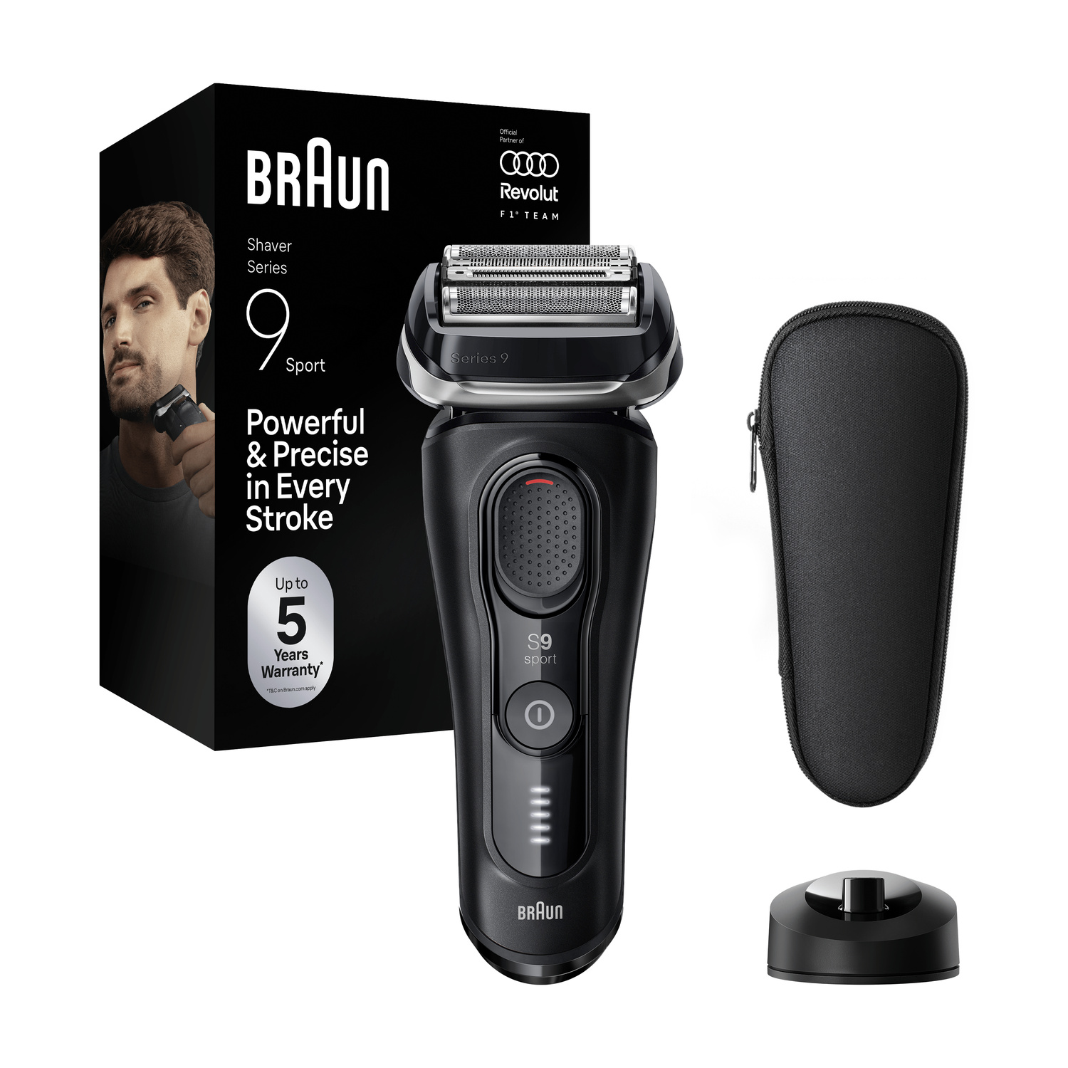 Rasoio Braun Series 9 Sport con scatola nera, custodia e base di ricarica su sfondo bianco.