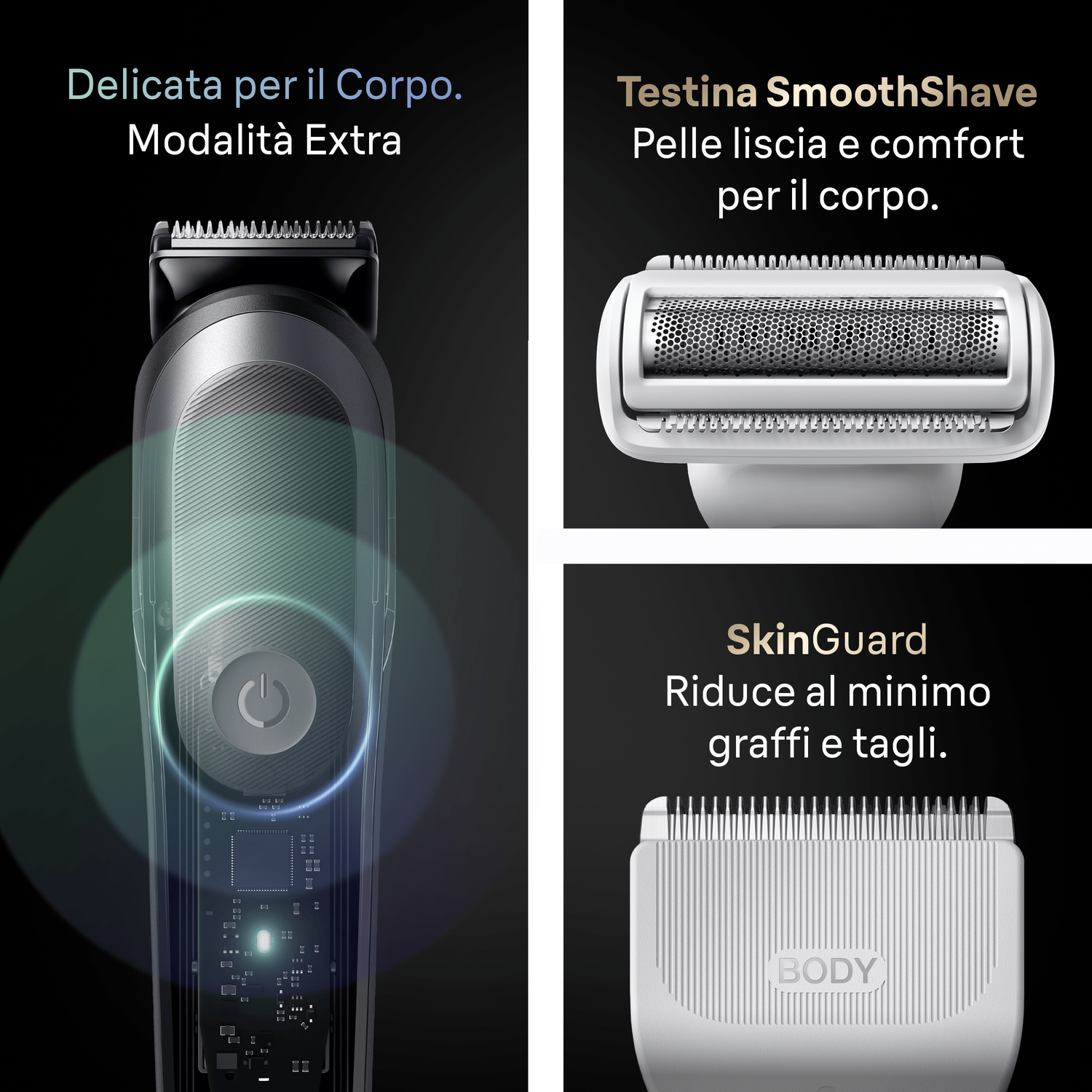 Un rasoio su sfondo nero mostra il manico con tasto di accensione luminoso e due testine con descrizioni.