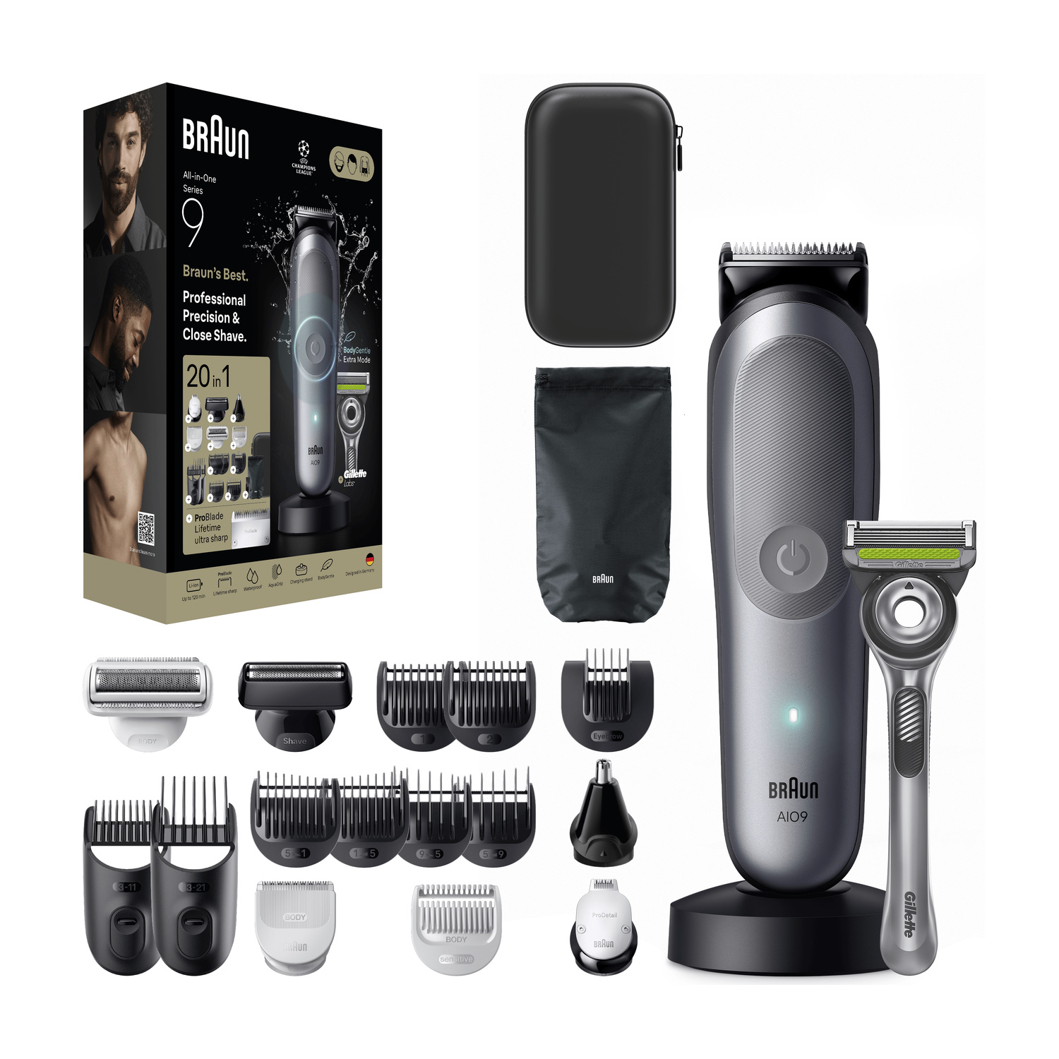 Set rasoio Braun con scatola, custodia, accessori vari e rasoio su supporto.