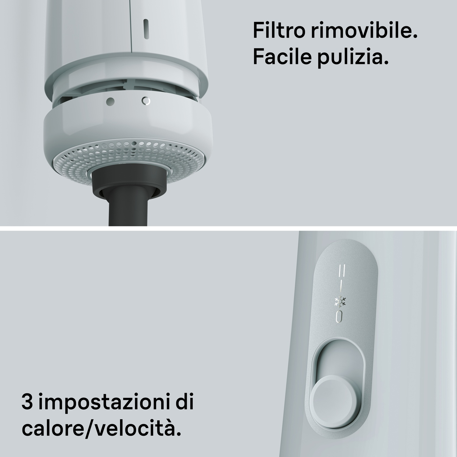 Caratteristiche: filtro rimovibile per facile pulizia e tre impostazioni di calore/velocità.