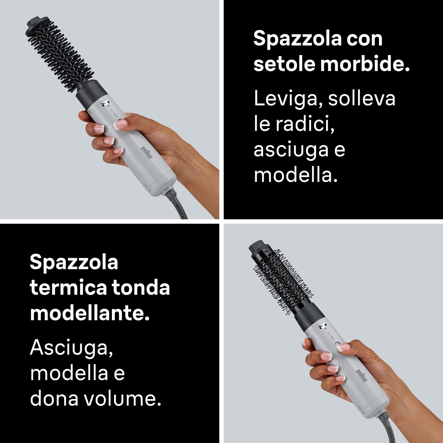 Una mano tiene una spazzola styler Braun grigia su sfondo grigio e nero con testo promozionale in italiano.