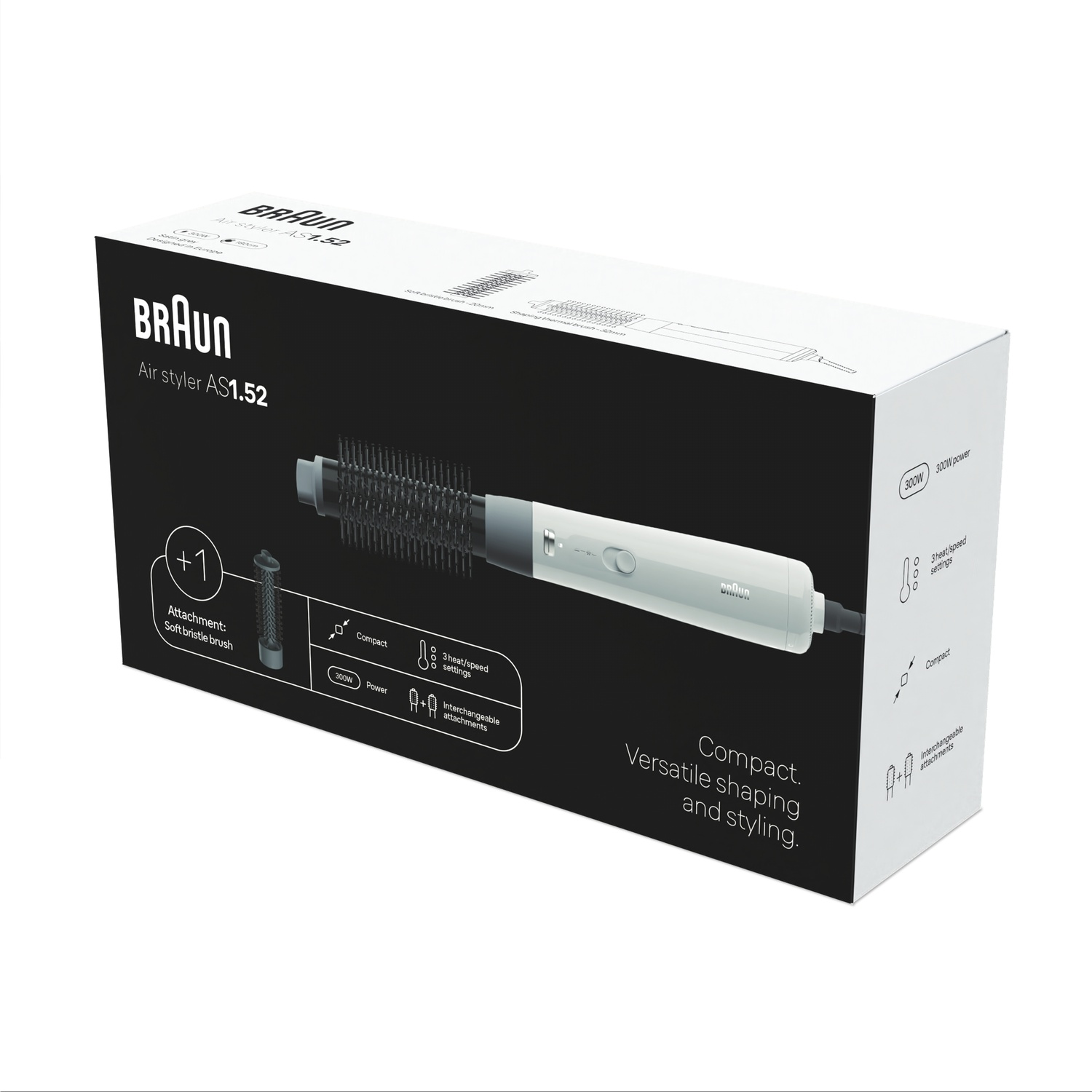 Confezione dell'asciugacapelli Braun Air styler AS1.52 in bianco e nero, con immagine e icone.