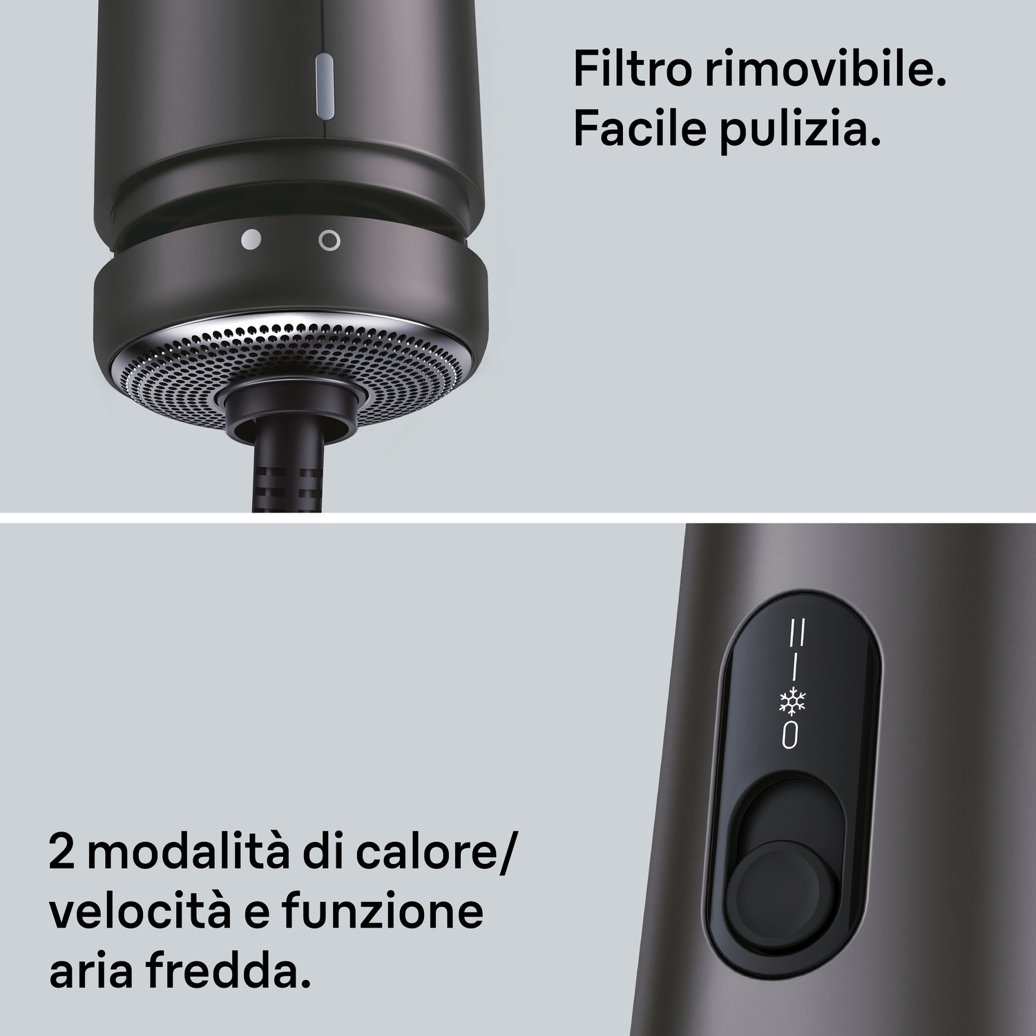 Primo piano di un phon nero che mostra il filtro rimovibile e i pulsanti di controllo per calore e velocità.