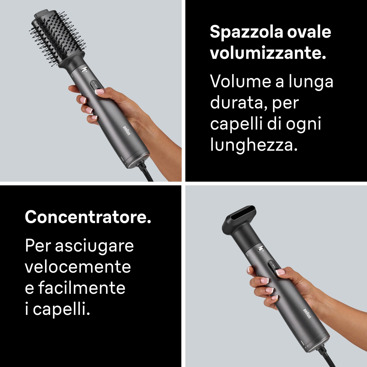 Mano tiene spazzola e concentratore Braun grigi con testo in italiano.