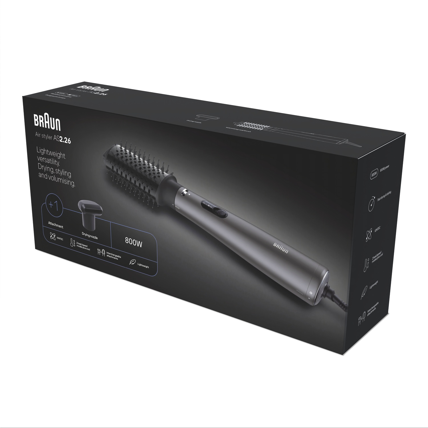 Scatola nera del prodotto Braun Air Styler AS 2.26 con immagine della spazzola grigia.