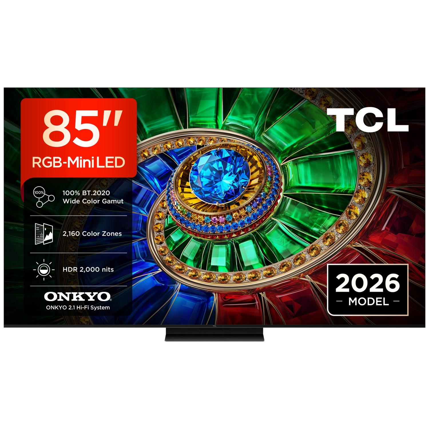 Een 85-inch TCL RGB-Mini LED-tv toont een kleurrijke, met juwelen bezette spiraal met model en specificaties.