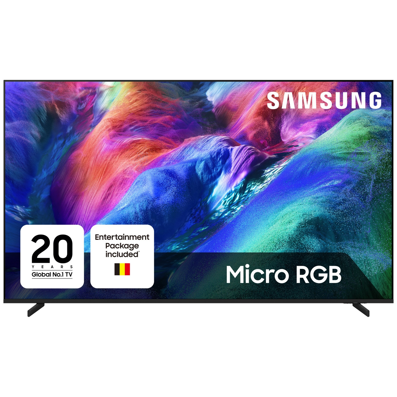 A Samsung Micro RGB TV displaying a vibrant colorful screen, promotion badges for 20 years and entertainment package.