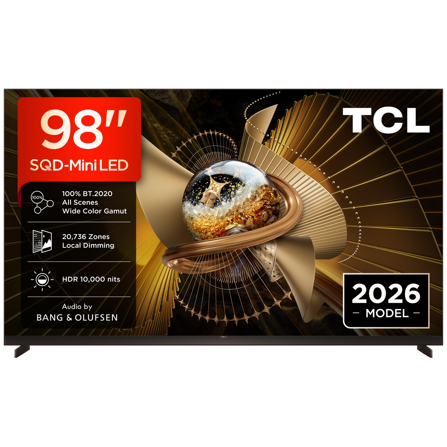 Een TCL 98-inch SQD-Mini LED 2026 model TV toont een gouden, abstracte achtergrond met een wereldbol.