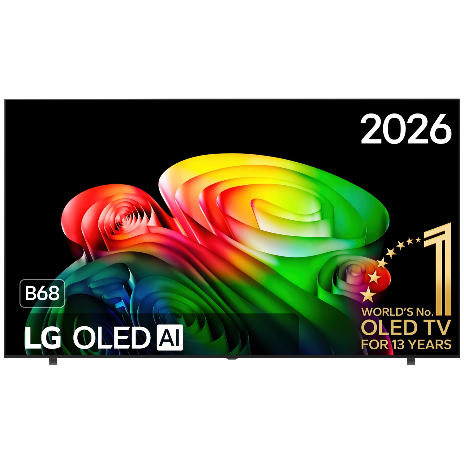 An LG OLED AI TV displays vibrant colorful abstract swirls on screen with text celebrating 13 years as the world's no. 1 OLED TV.