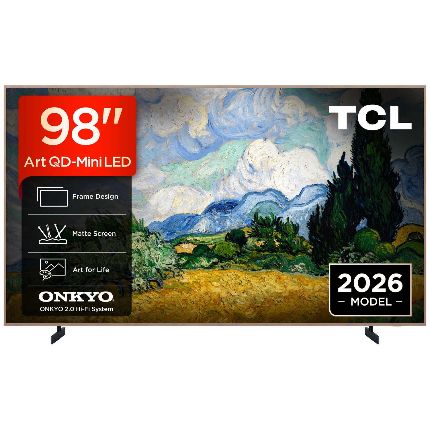 Een 98-inch TCL Art QD-Mini LED TV toont een schilderij, met functies op het scherm.