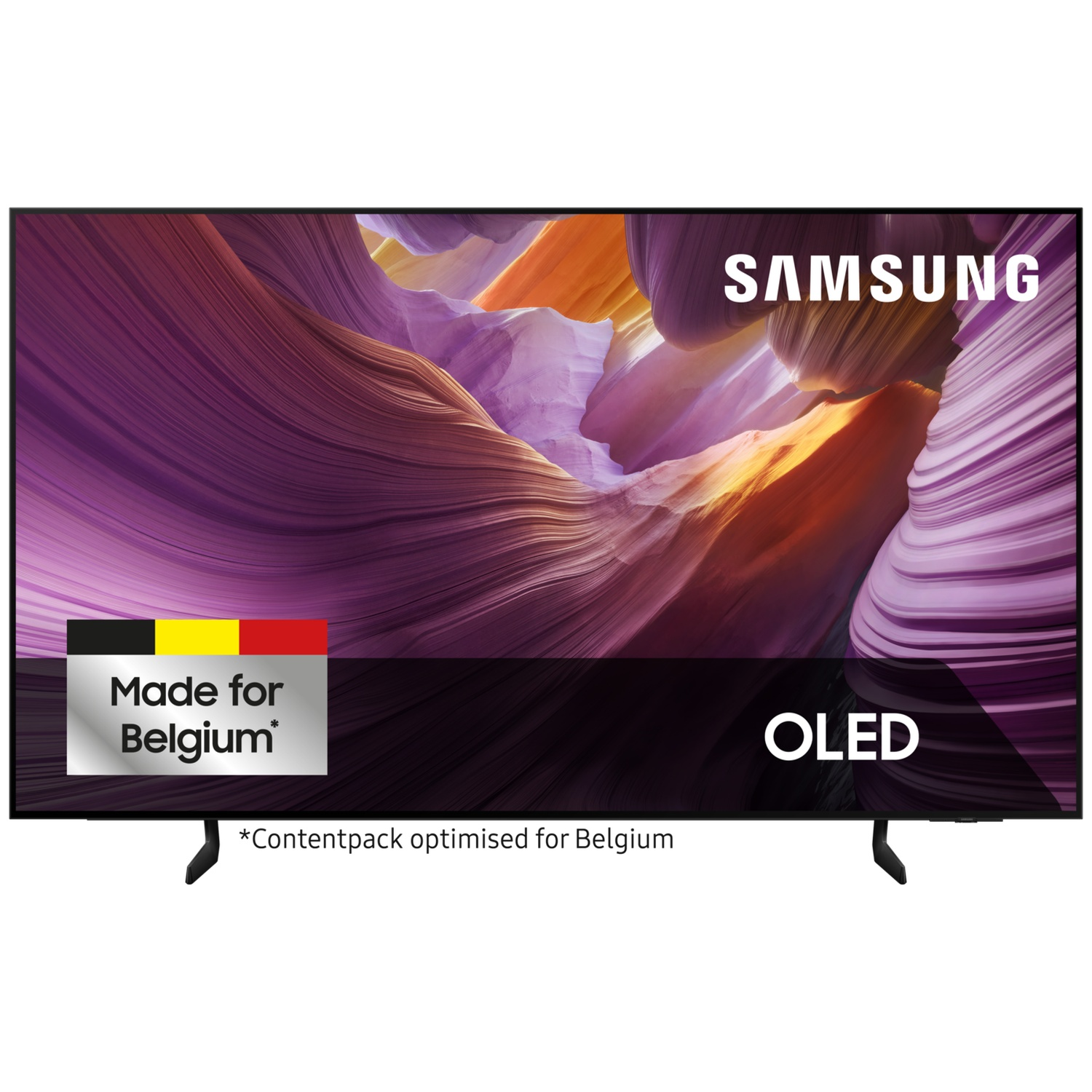 Samsung OLED TV displaying a colorful abstract background and Made for Belgium text.