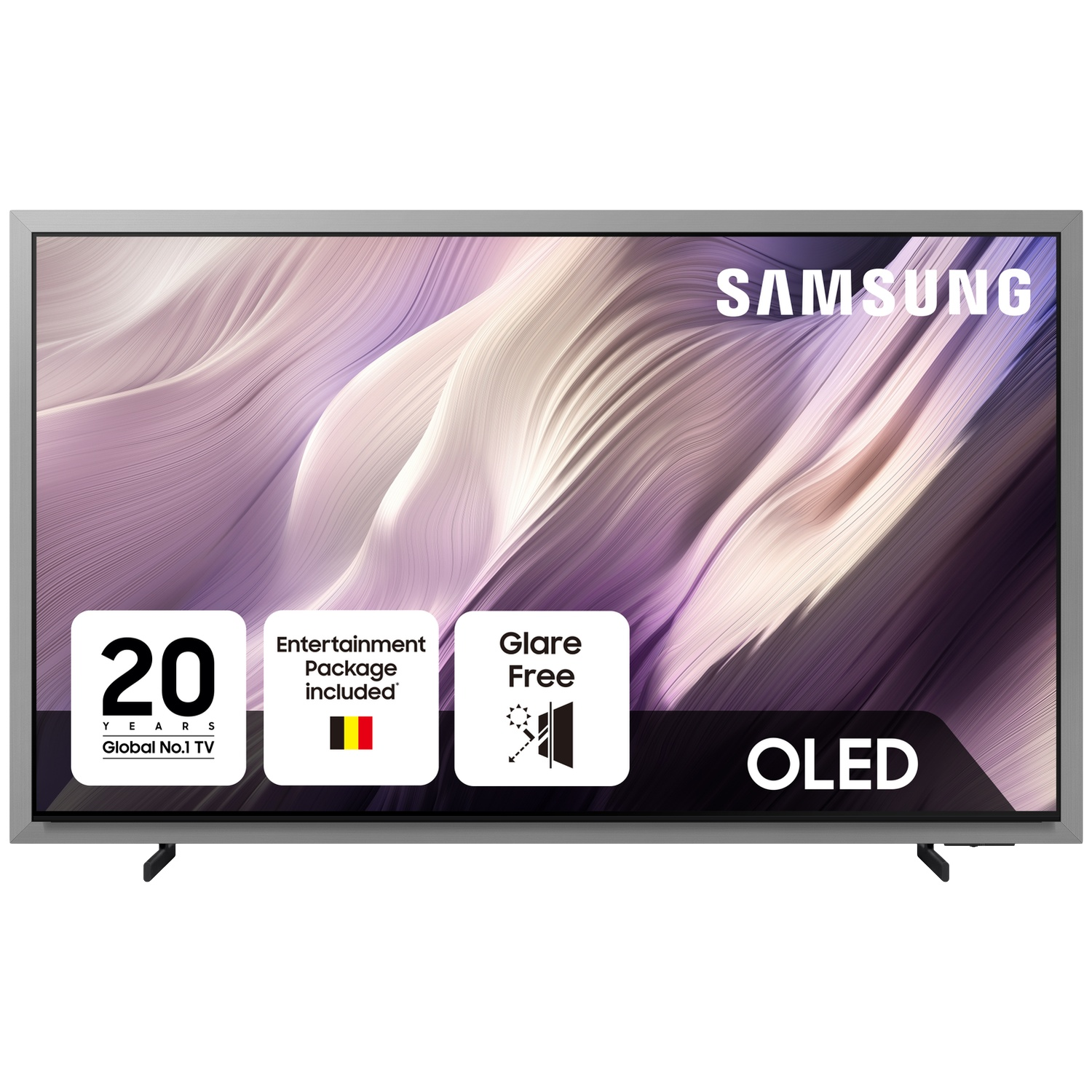Samsung OLED TV displaying abstract purple backgrounds and promotional text graphics.