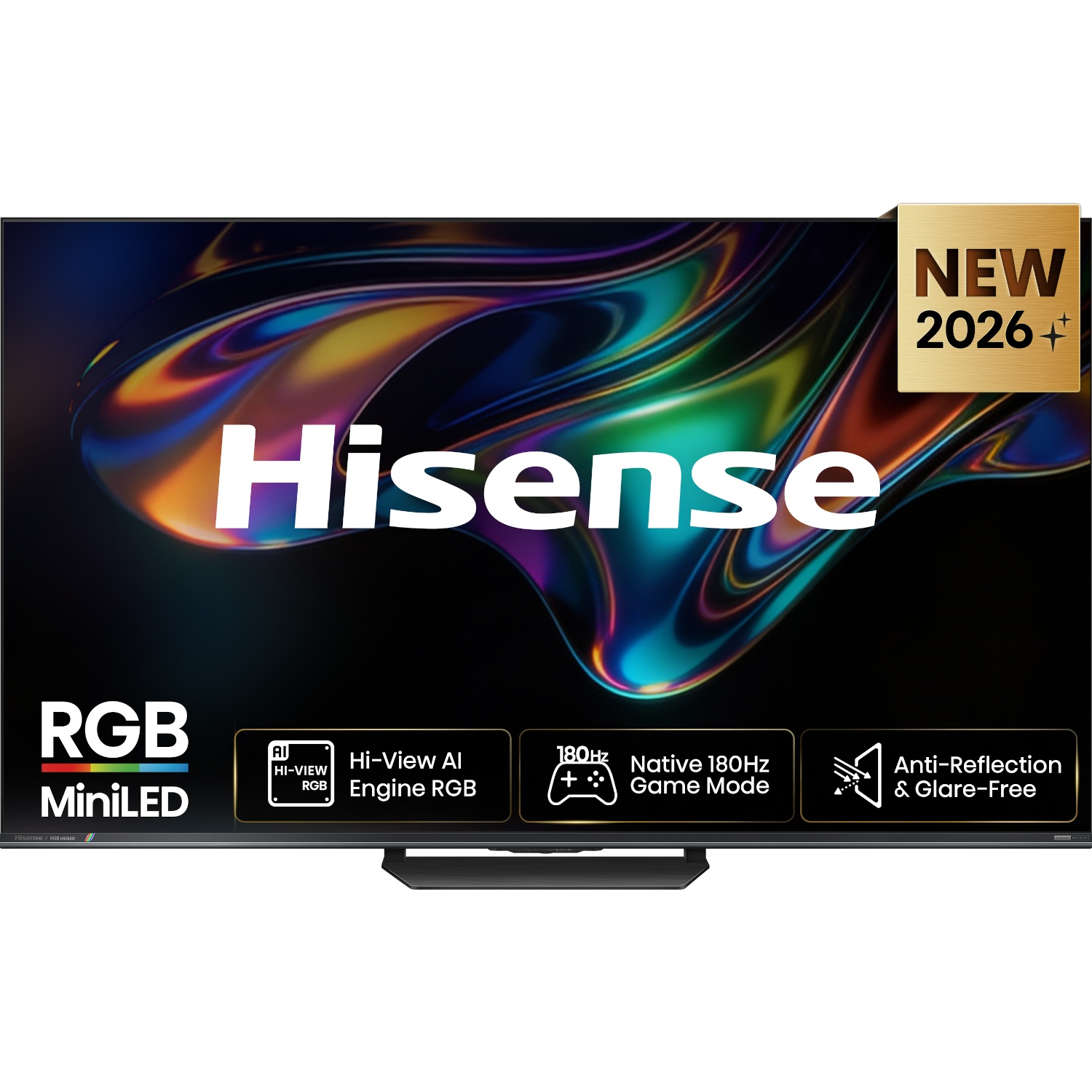 Hisense RGB MiniLED TV showing a colorful display, Hi-View AI Engine, and 180Hz Game Mode.