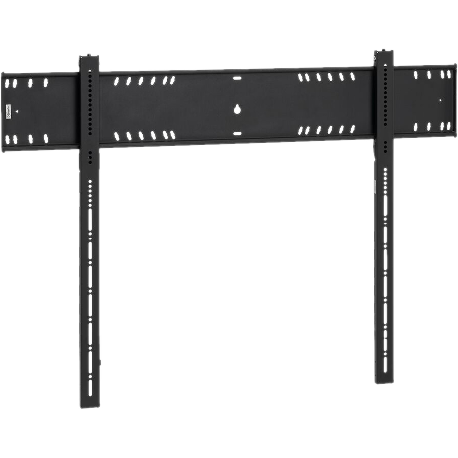 Black TV wall mount with a long horizontal rail and two vertical arms against a white background.