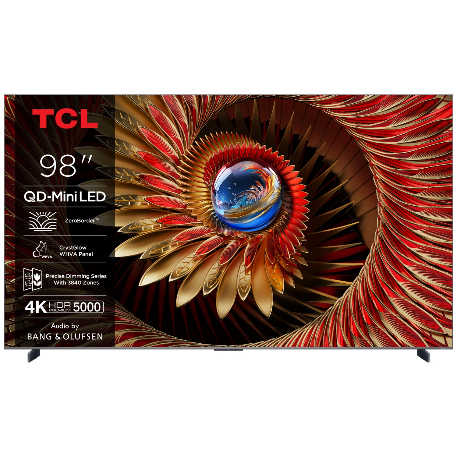 TCL 98-inch QD-Mini LED TV displaying a swirling graphic pattern and technical features.