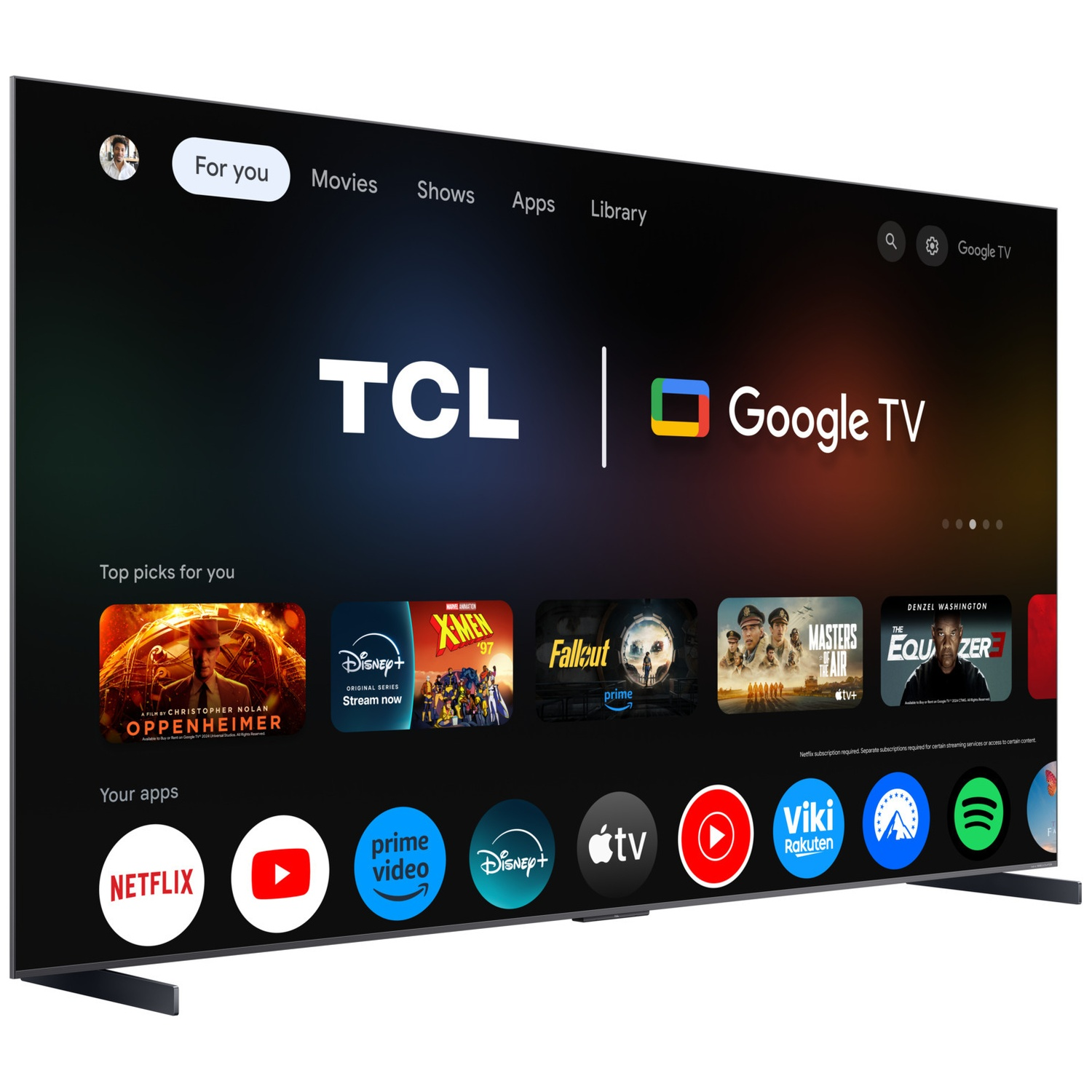 A TCL Google TV displays the home menu with streaming apps and recommendations.
