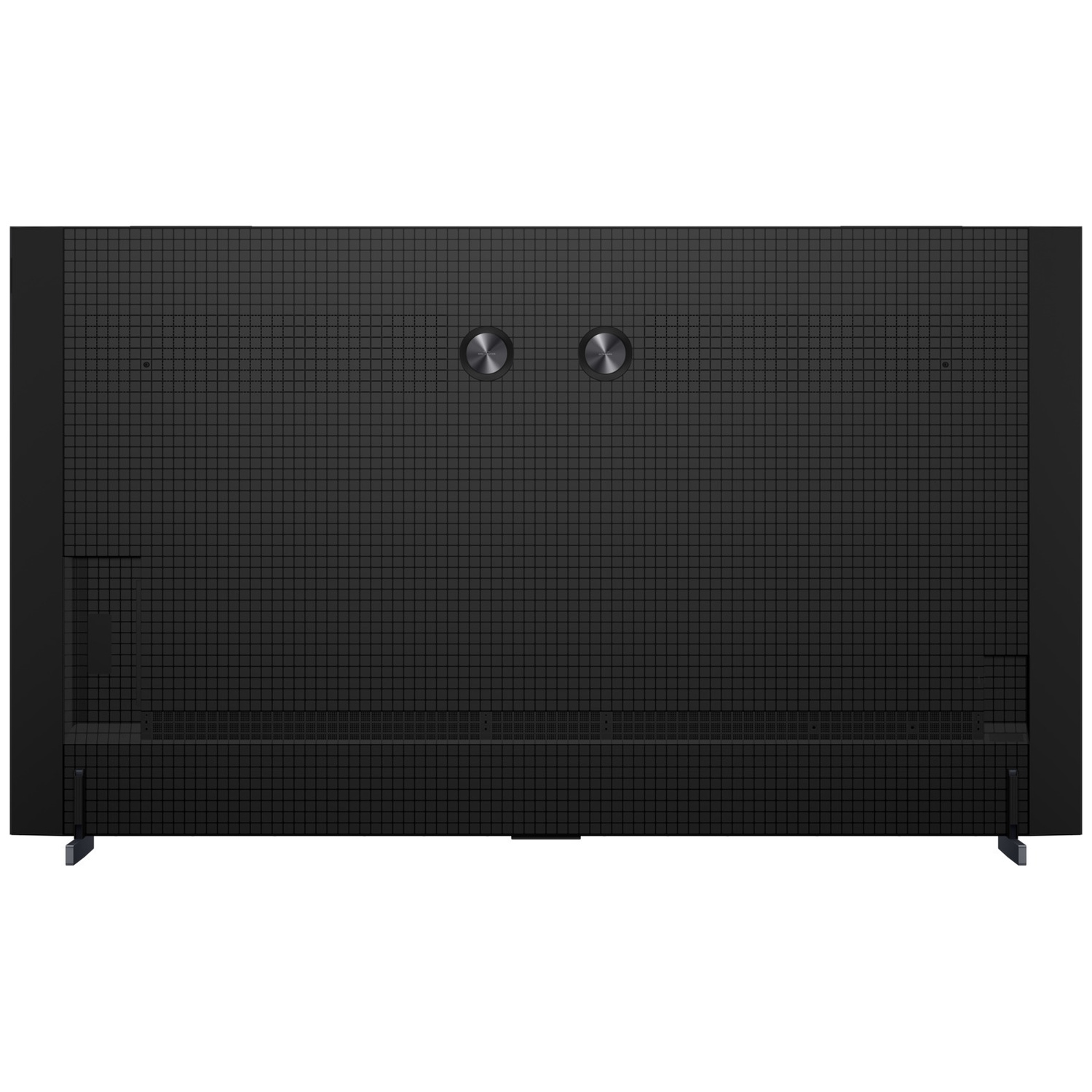 Rear view of a black television with a grid pattern, two round speakers near the top, and stands at the bottom.