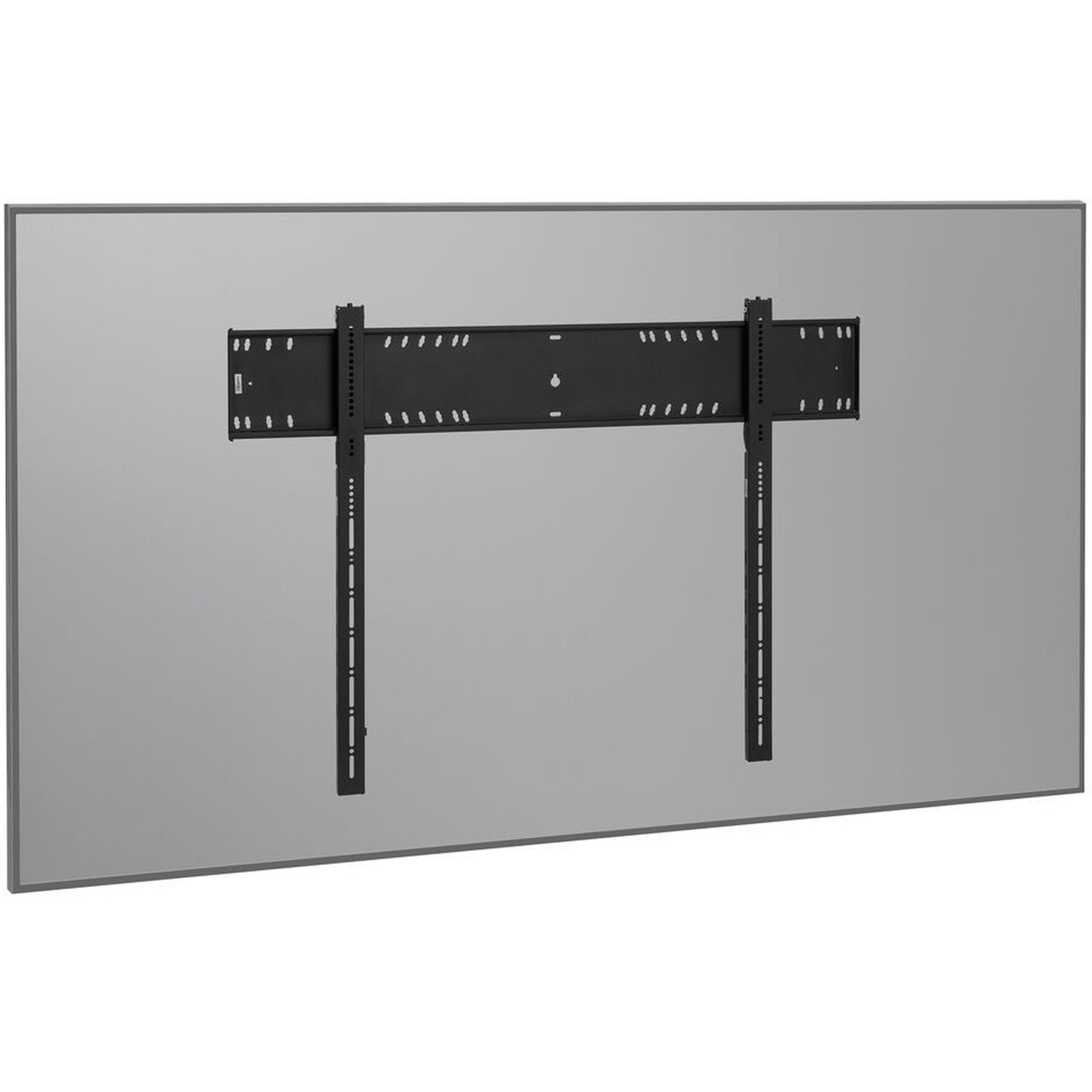 A black TV wall mount is attached to the back of a large grey flat-screen television.