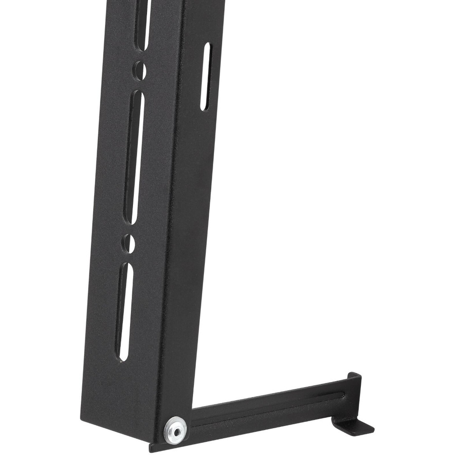 Black metal bracket with vertical slots and a small base on a white background.