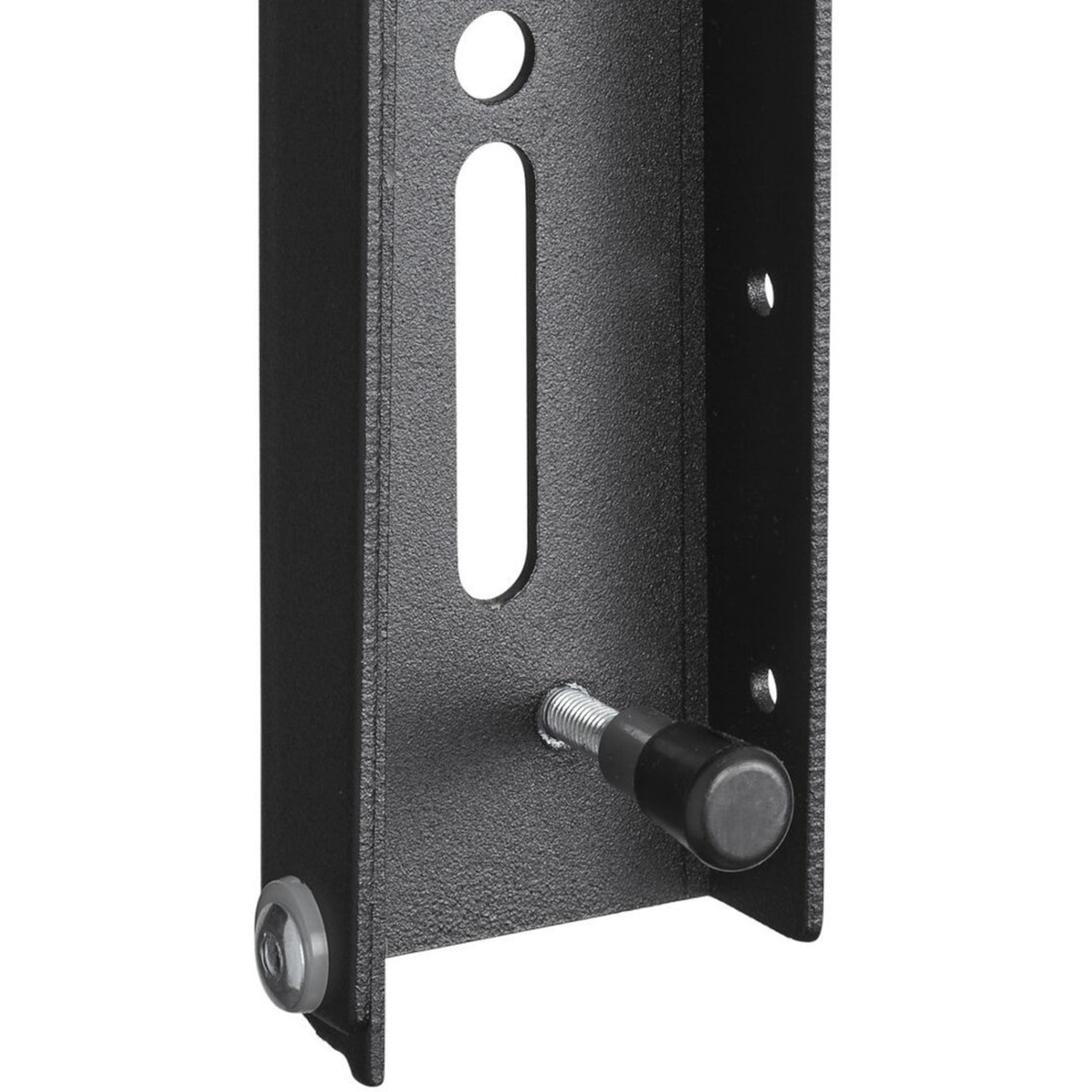 Close-up of a black metal mounting bracket with a threaded pin and black handle.