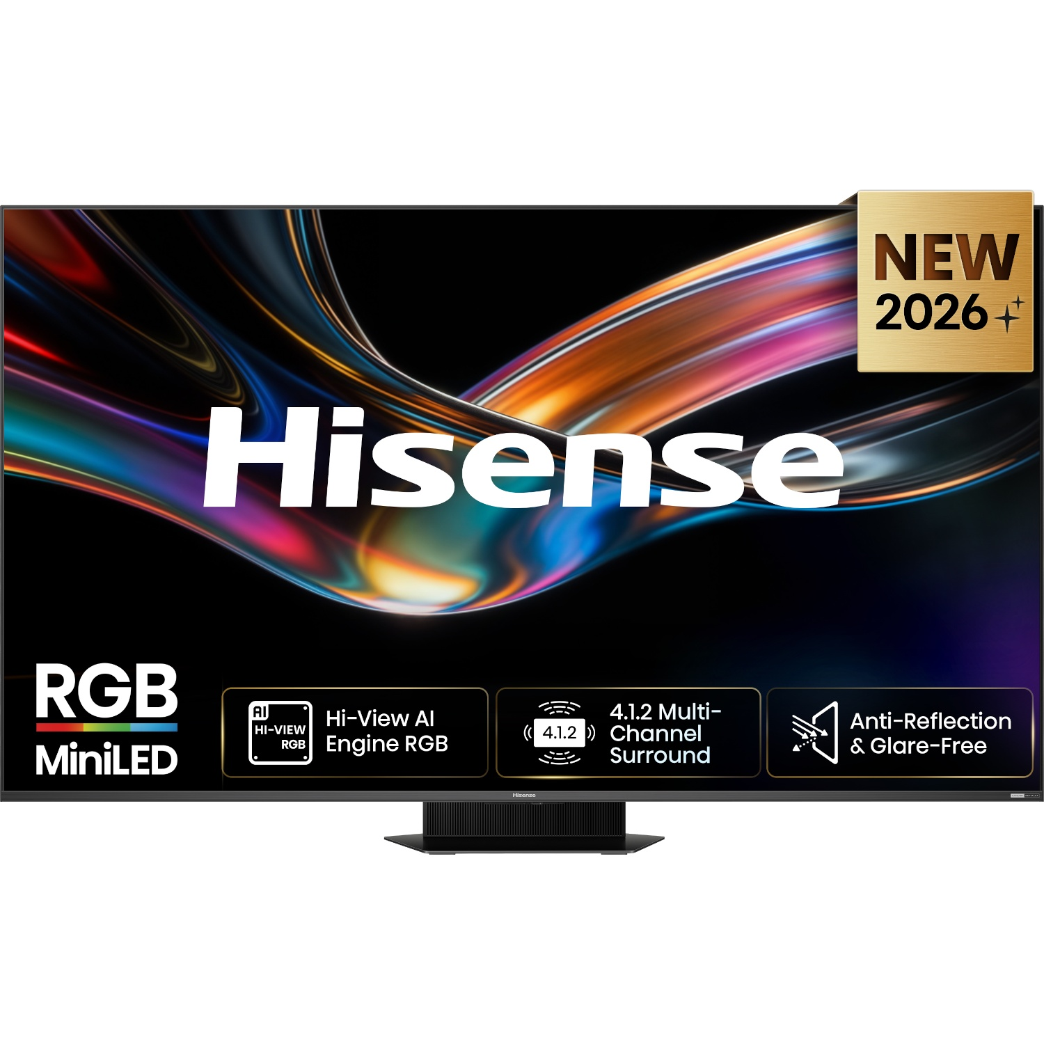 Hisense RGB MiniLED TV met kleurrijk scherm, Hi-View AI Engine en anti-reflectiescherm.