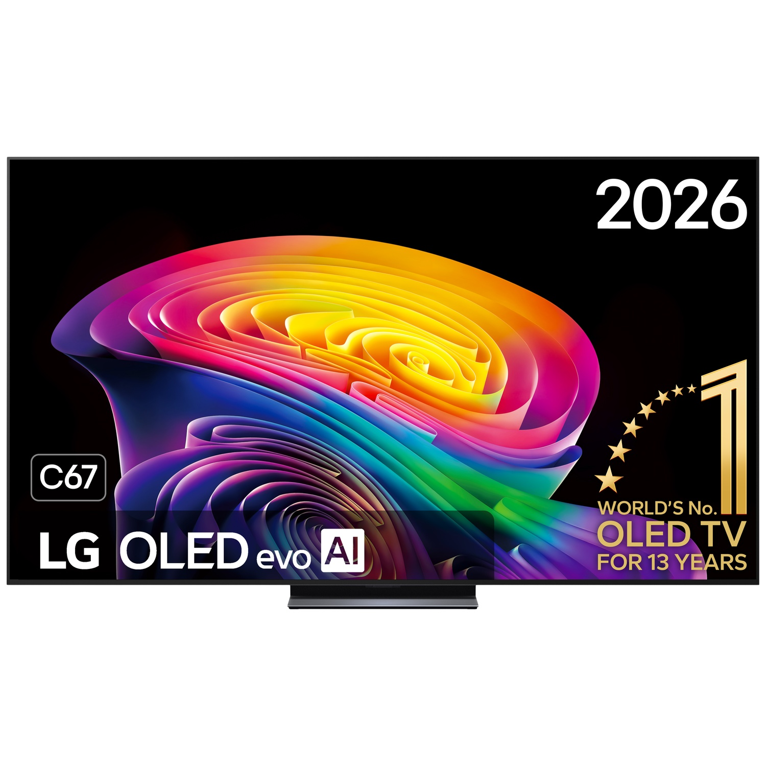 LG OLED evo AI TV displays a colorful spiral graphic and text about 13 years as the world's number one OLED TV.
