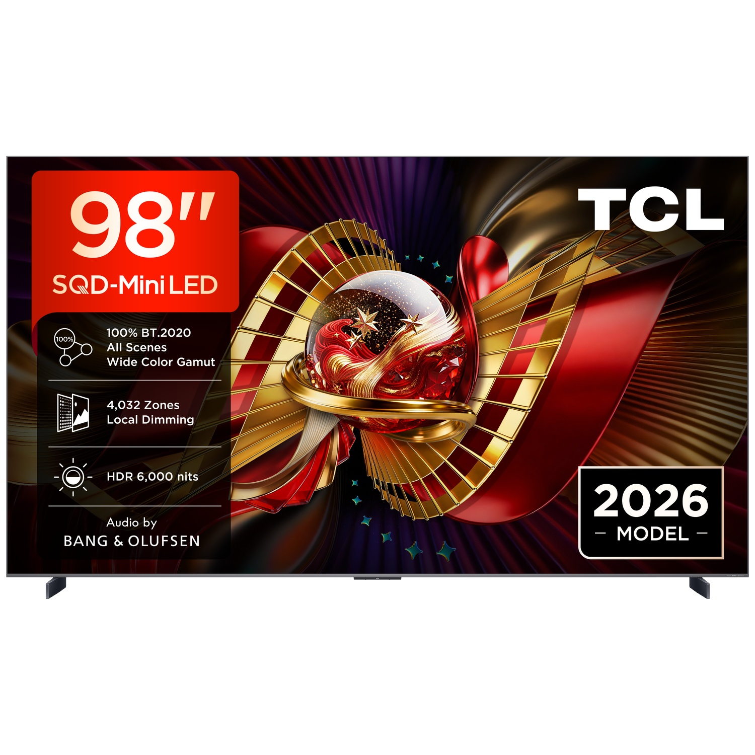 98 inch TCL SQD-Mini LED TV displaying abstract red and gold graphics and technical specs.