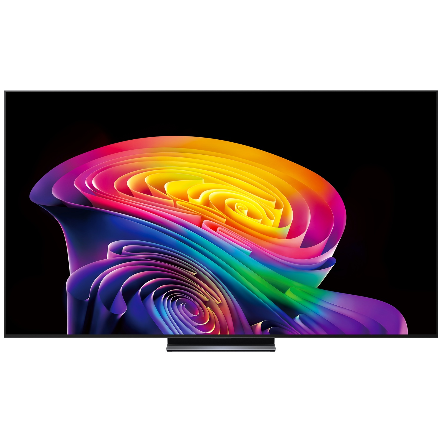 A television displays an abstract, colorful pattern of curved, spiral ribbons against a solid black background.