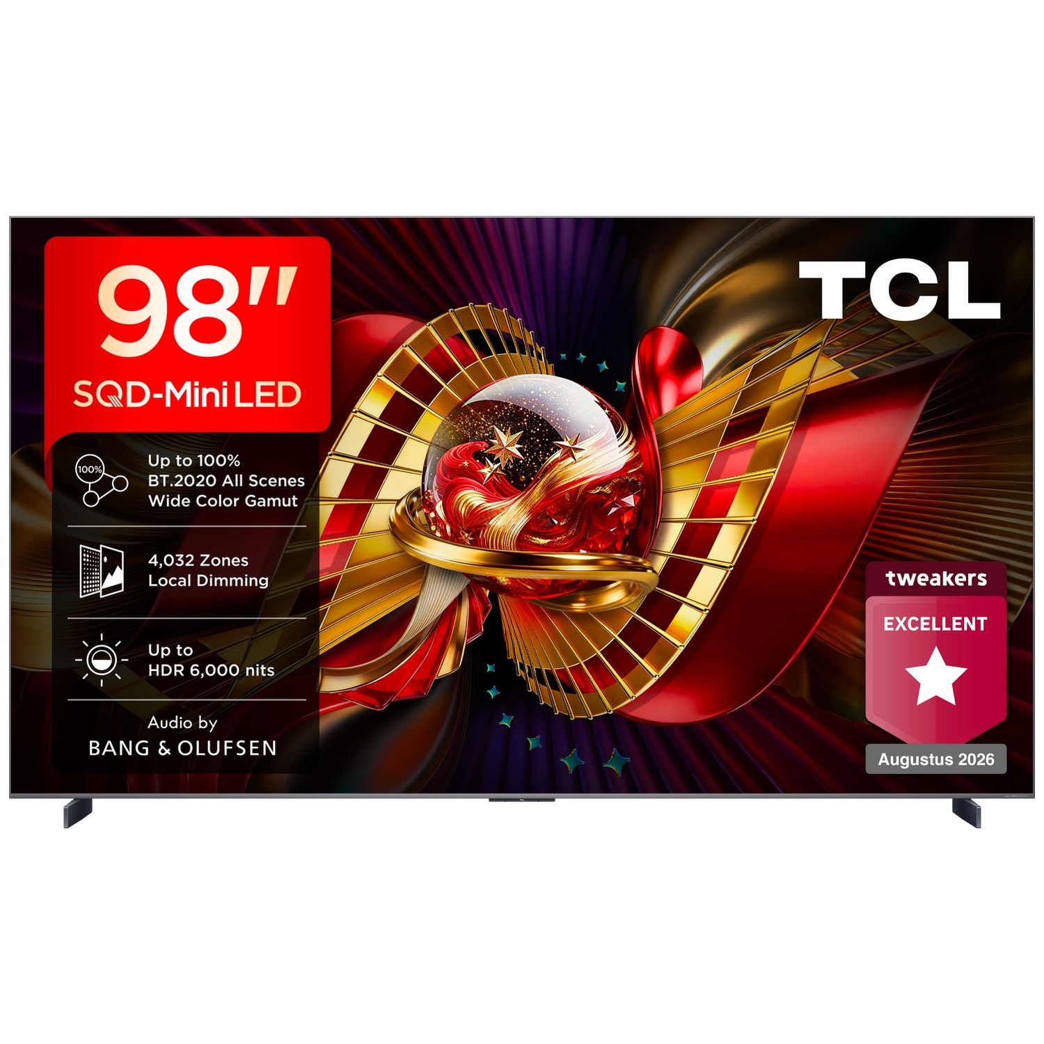 98-inch TCL Mini LED TV displaying colorful graphics, product specs, and a red excellence award badge.