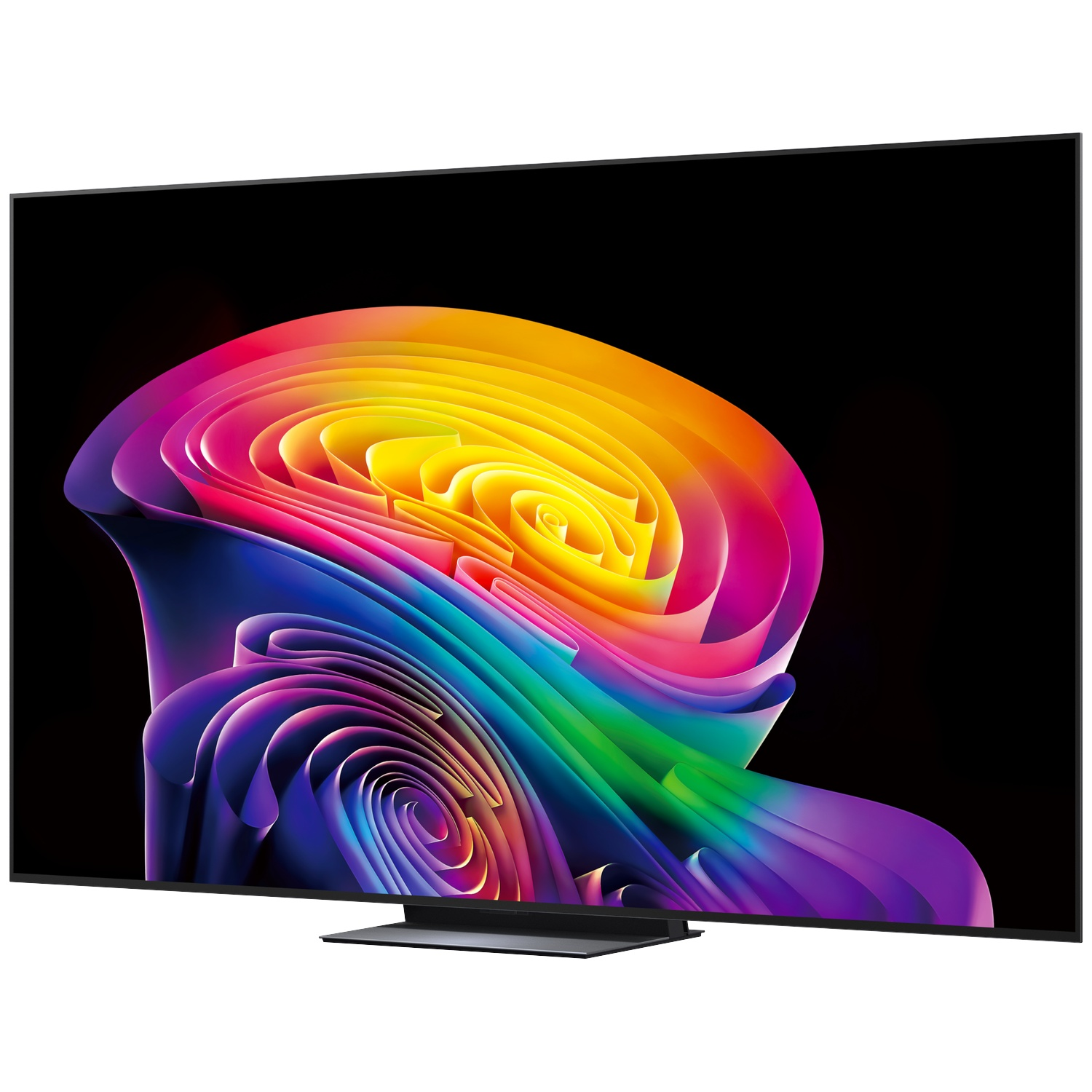 A large flat-screen TV displays an abstract, multicolored swirl graphic against a black background.