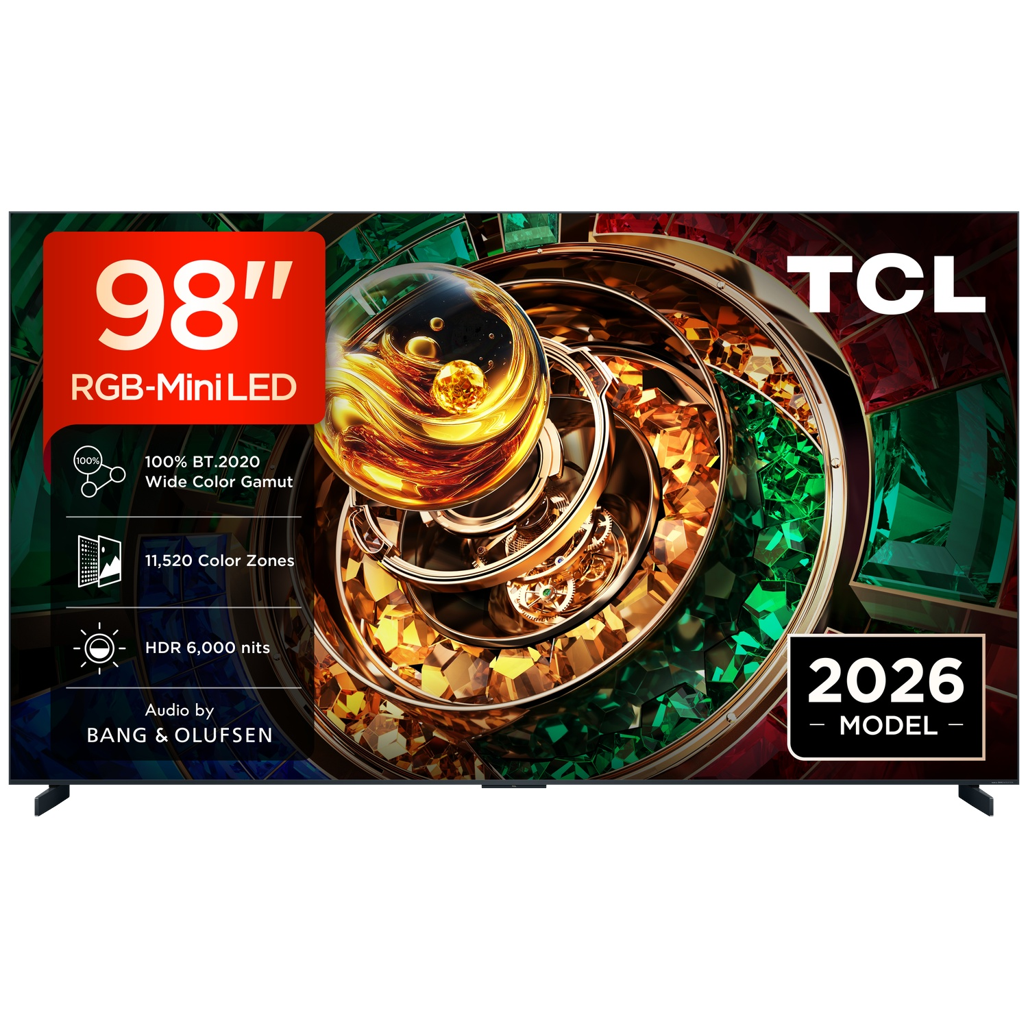TCL 98-inch RGB-Mini-LED tv met abstracte kunst, kleurspecificaties en Bang & Olufsen audio.
