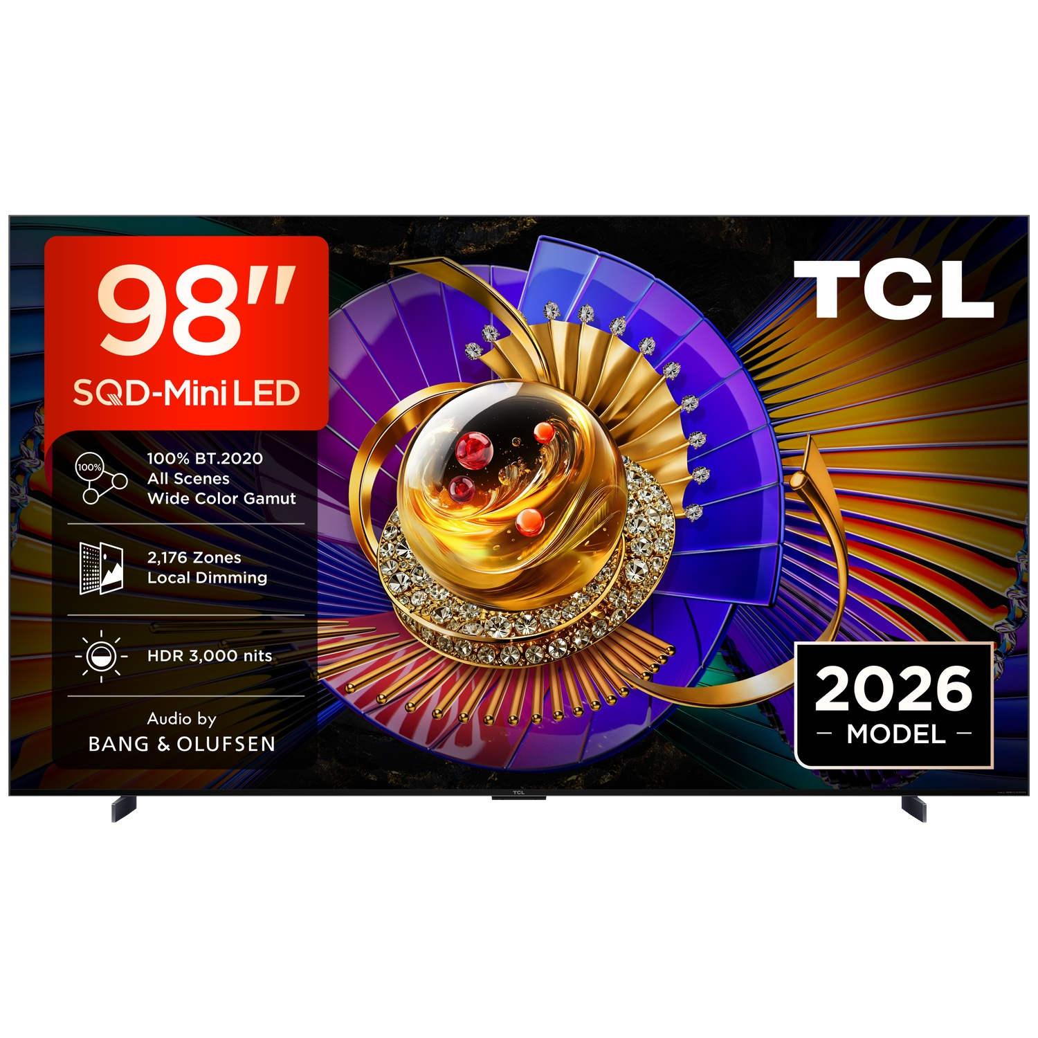 TCL 98" SQD-Mini-LED tv met kleurrijke abstracte kunst, 2026 model.