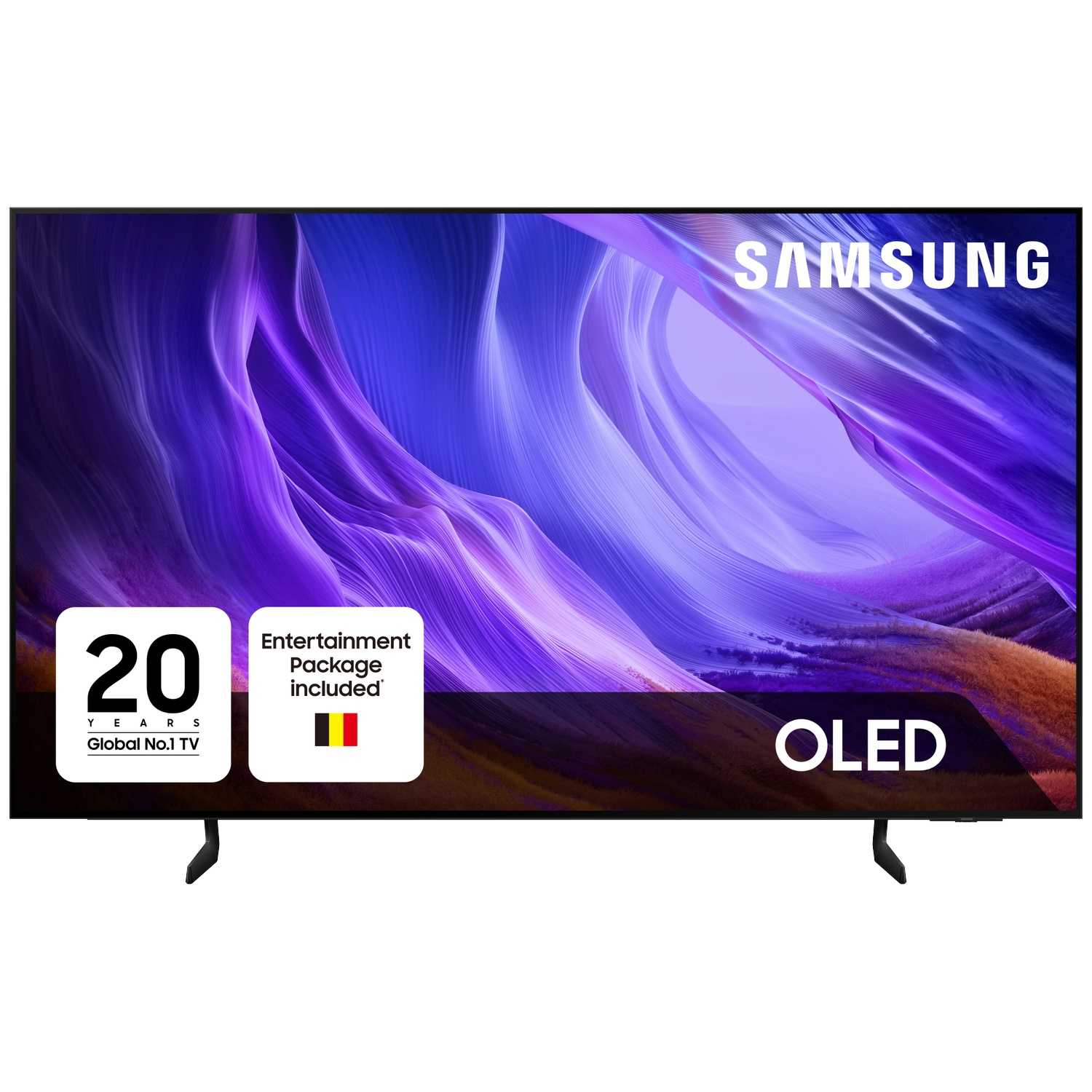 Samsung OLED TV displaying abstract purple wave graphics and promotional badges in the bottom left corner.