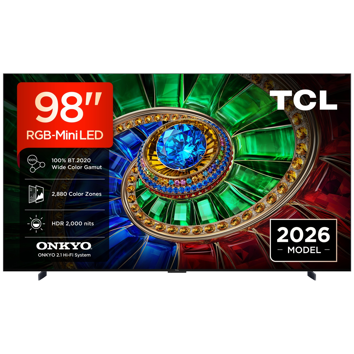 98-inch TCL RGB Mini LED TV with colorful spiral gemstone screen display and specifications.