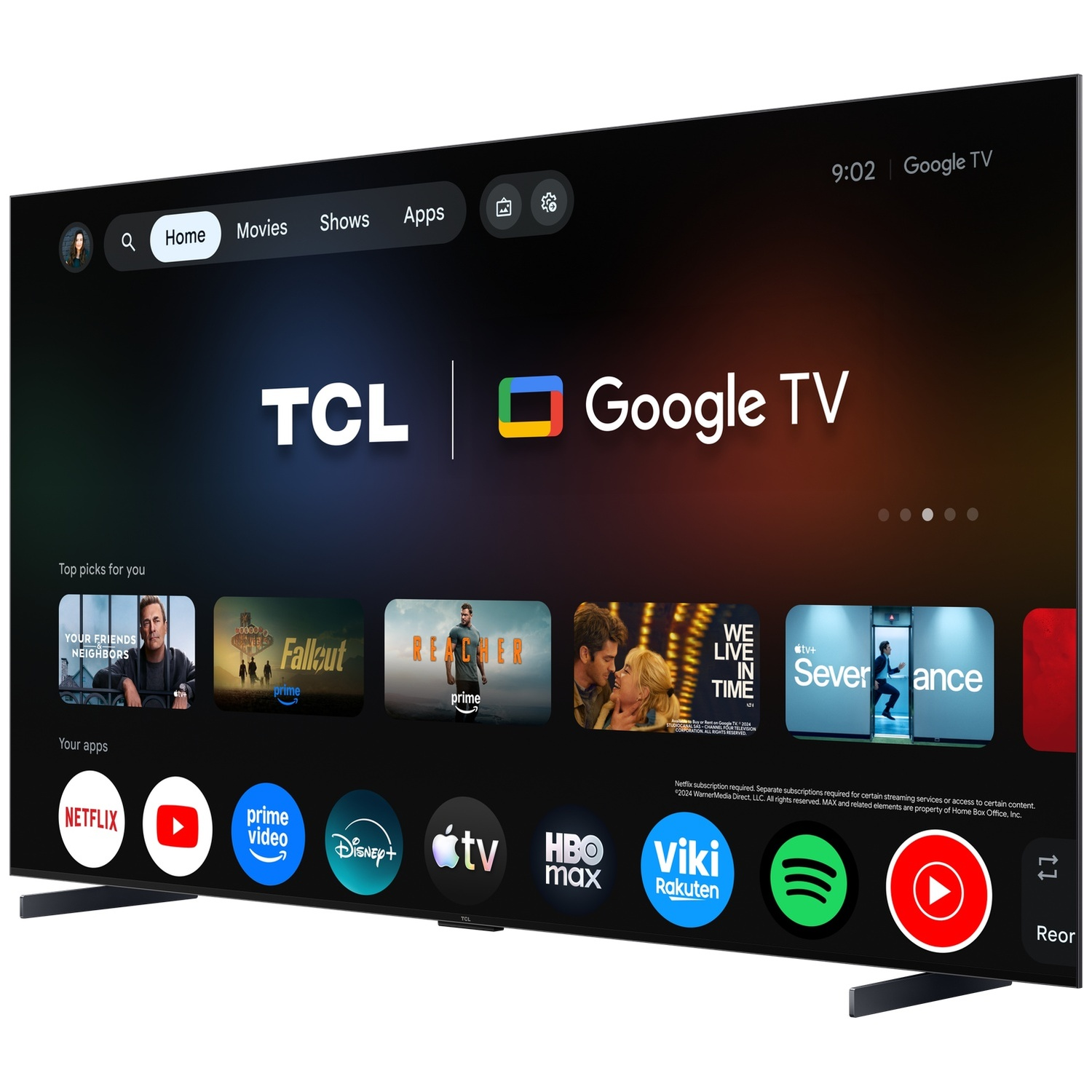 A TCL Google TV displays the home screen with streaming app icons, top picks, and a dark, glowing background.