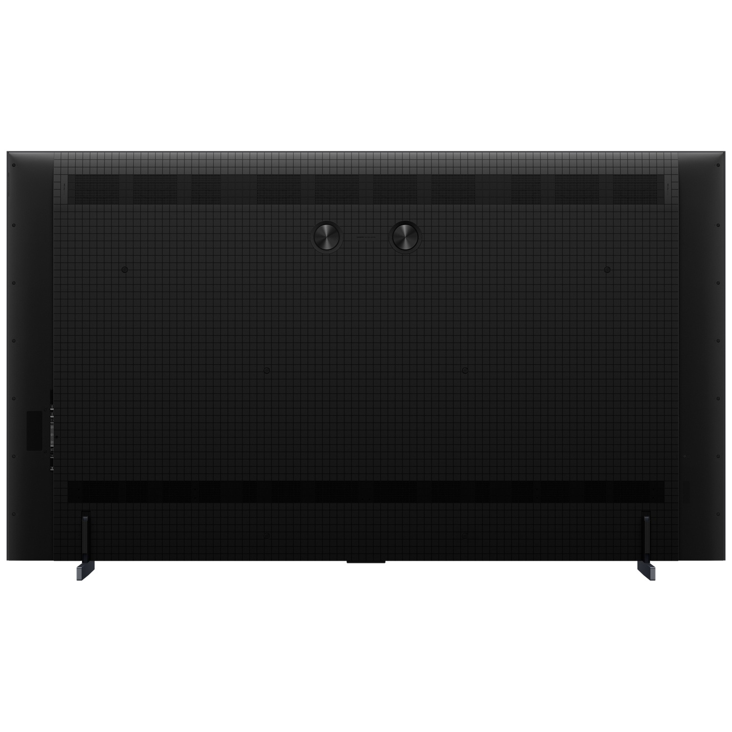 Rear view of a modern black TV with grid pattern, two top speakers, and small stands.