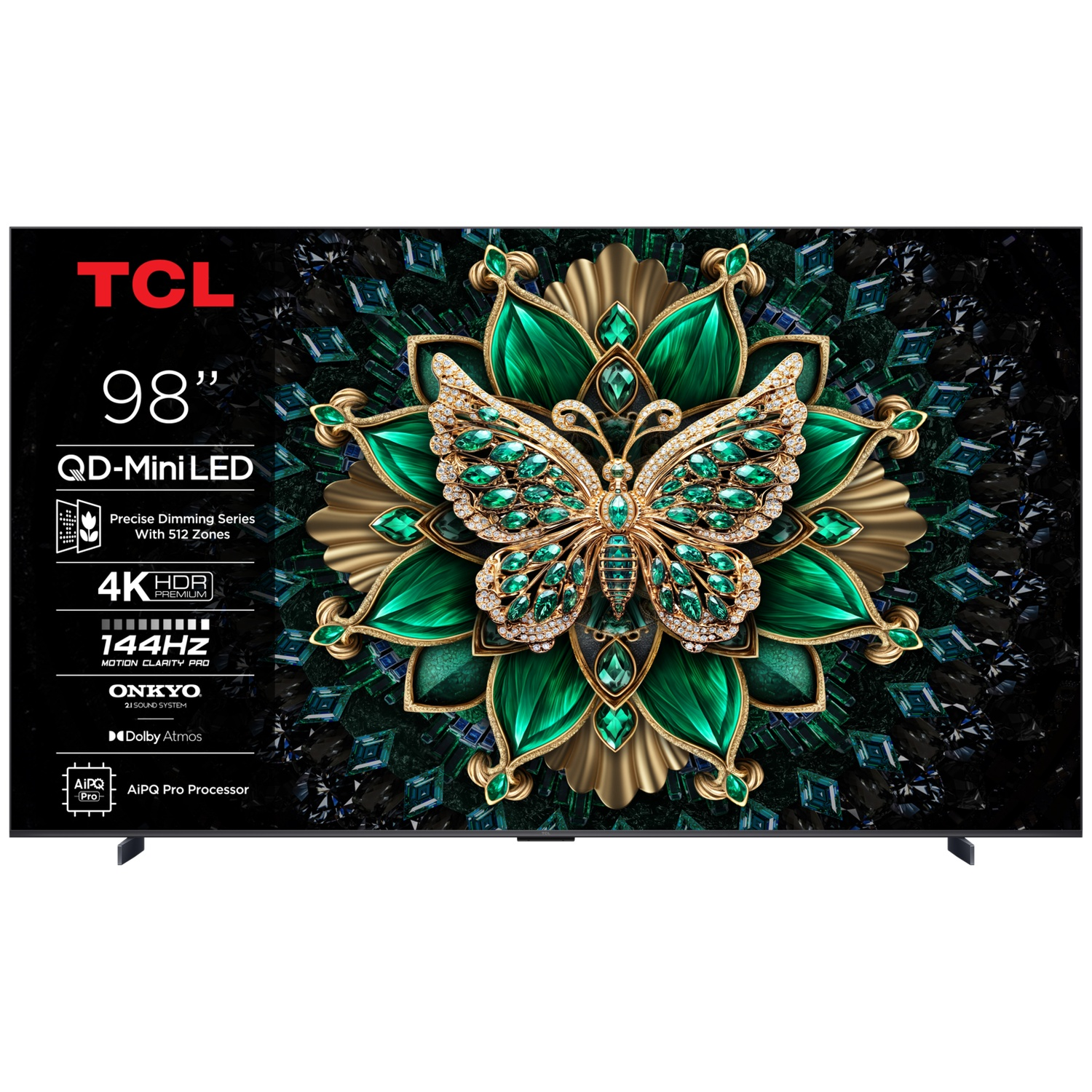 A TCL 98-inch TV displays an ornate emerald butterfly on a floral mandala with technical text on the left.