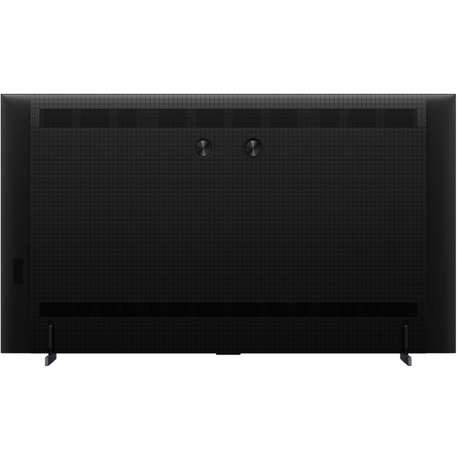 Back of a modern black flat screen TV with a grid pattern, two round connectors, and small stands.
