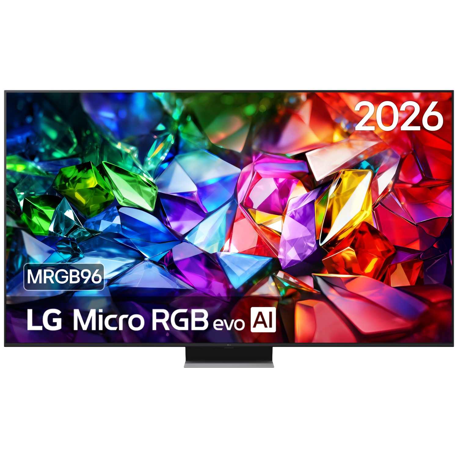 LG Micro RGB evo AI televisie met een kleurrijke kristalachtergrond.