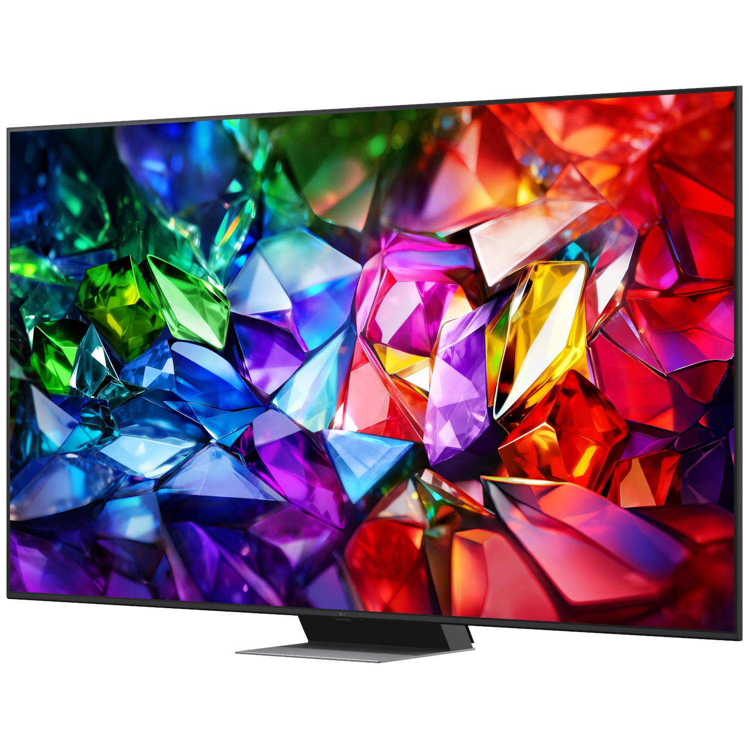 Een grote flatscreen-tv op een standaard toont een kleurrijk patroon van glanzende, gefacetteerde kristallen.