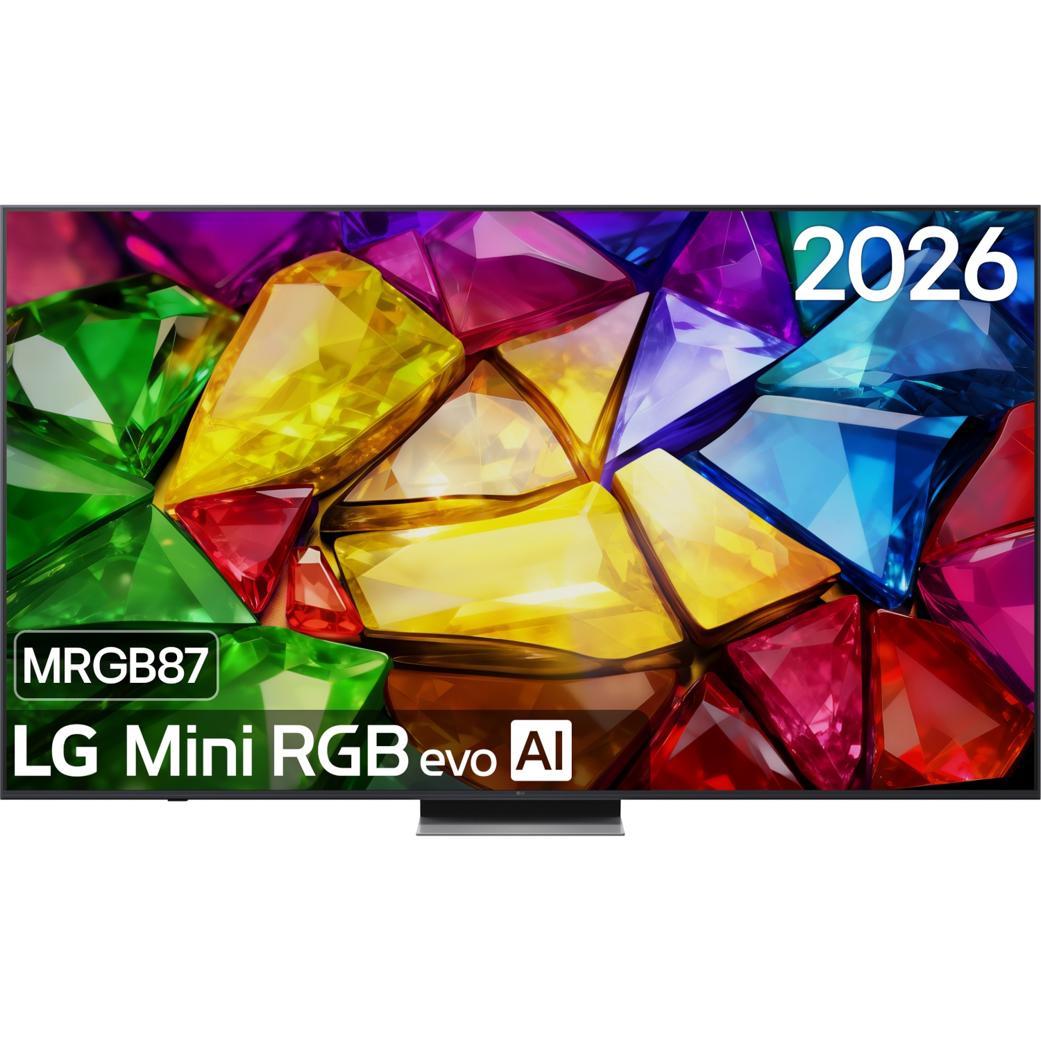 Een LG Mini RGB evo AI TV toont een kleurrijk geometrisch kristalpatroon.