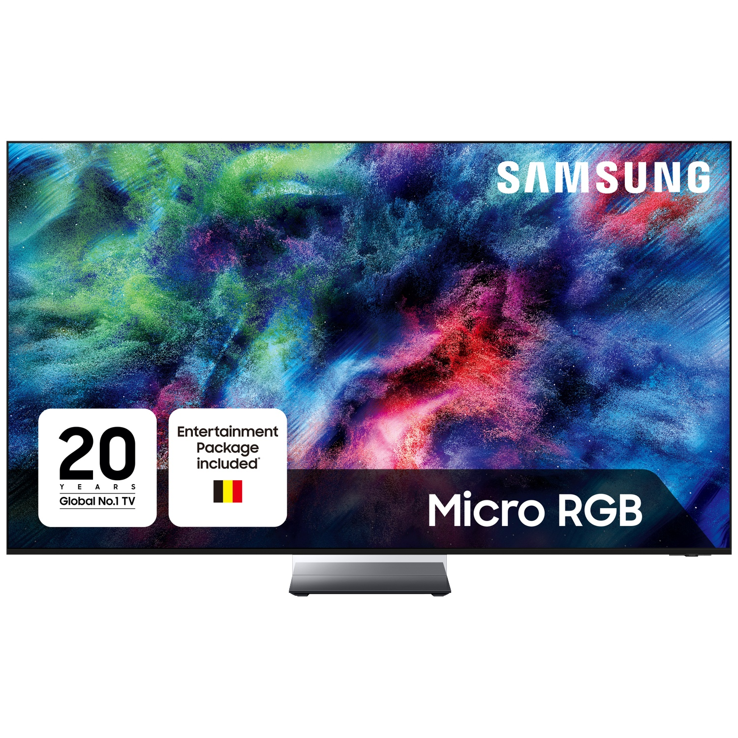 Samsung Micro RGB TV with colorful background, 20 years logo, and entertainment package.